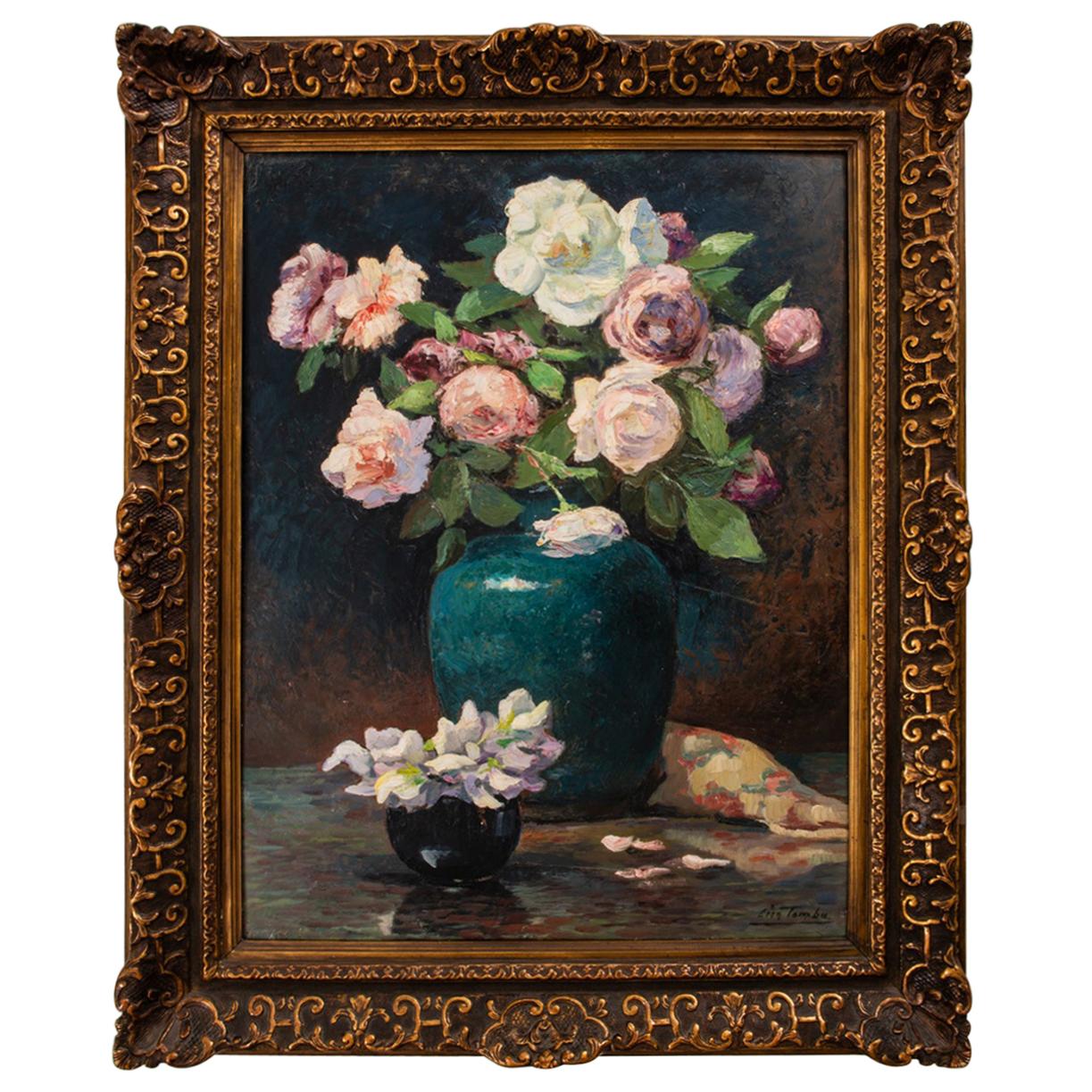 Roses dans un vase sur table, peinture signée en vente