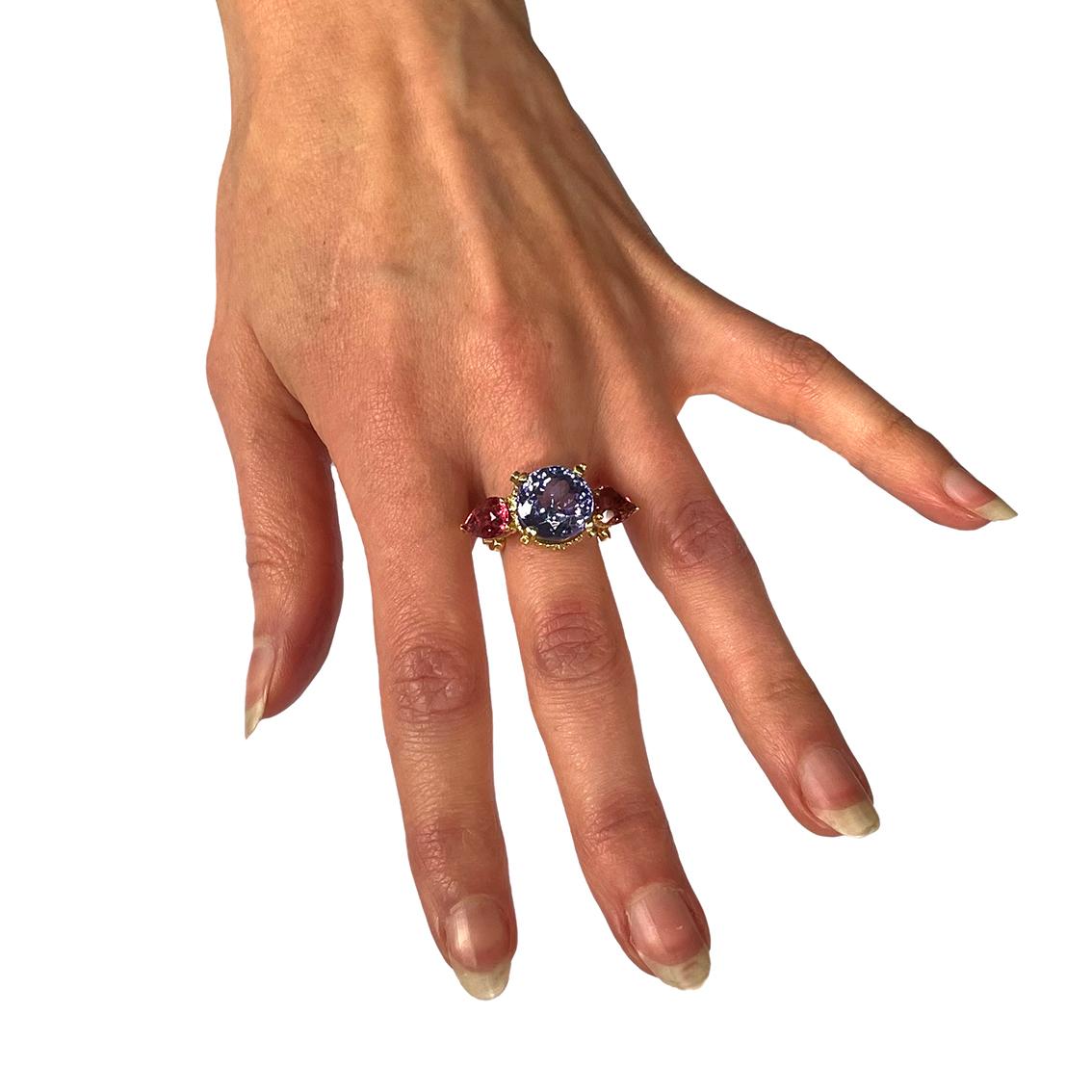 Renaissance Tanzanite, Tourmalines, Diamonds gold ring  For Sale