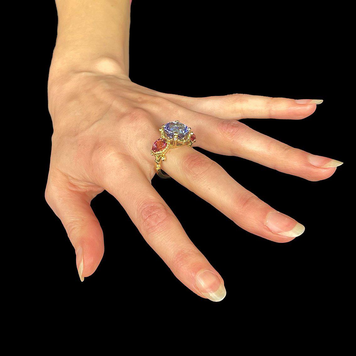 Round Cut Tanzanite, Tourmalines, Diamonds gold ring  For Sale