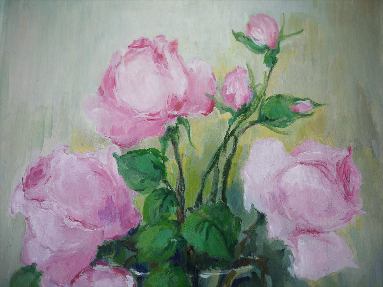France, 1950
Measures:
50 cm x 35 cm (frame excluded)
19.7 in x 13.8 in (frame excluded)
oil on board

Painting depicting a glass vase containing pink roses
Antique fir frame.
