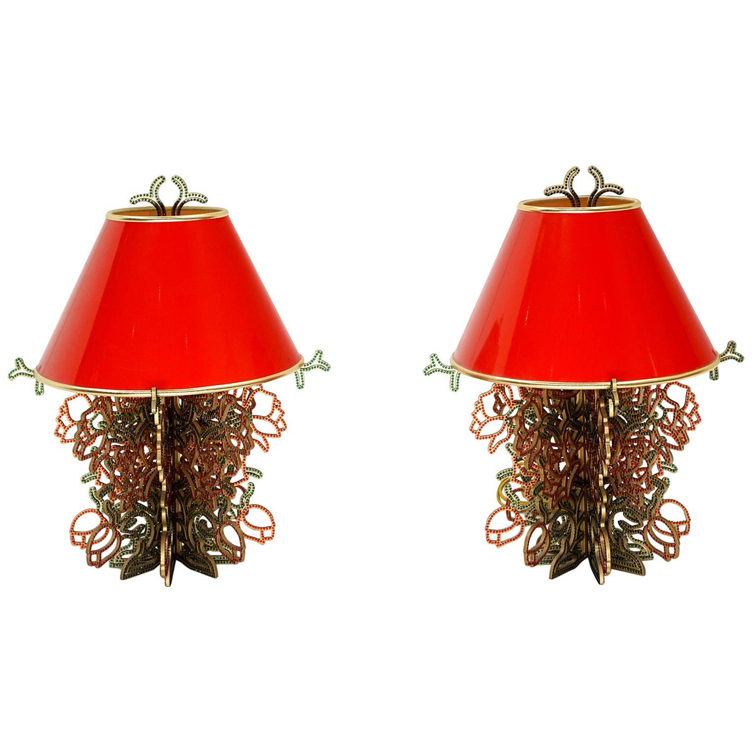 Roses on the Vine Table Lamps, Studio Job, Red & Green Crystal, Very Rare, Pair For Sale