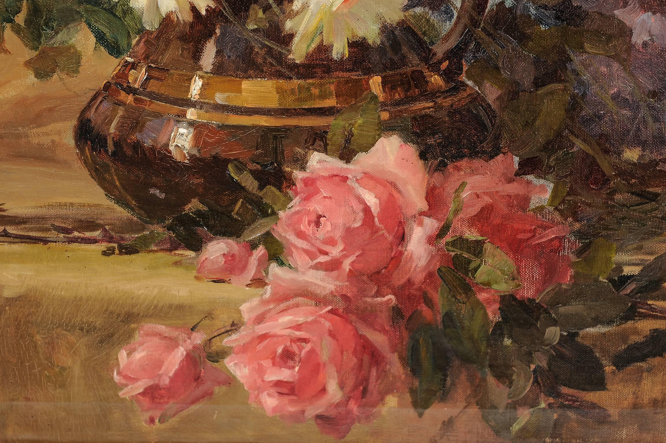 Français Peinture de roses dans un grand cadre en bois déco inhabituel en vente