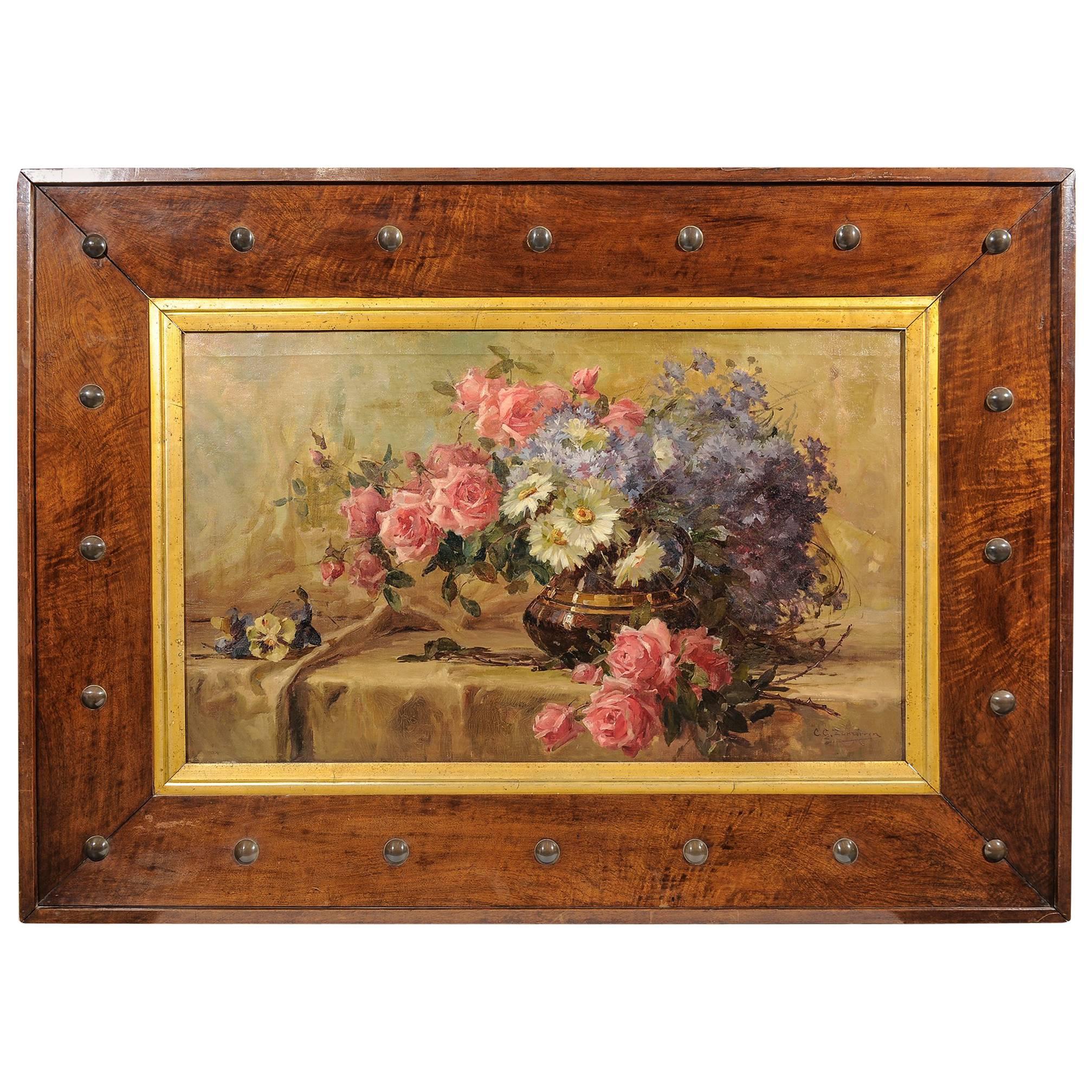 Roses Painting in a Large Unusual Deco Wooden Frame For Sale