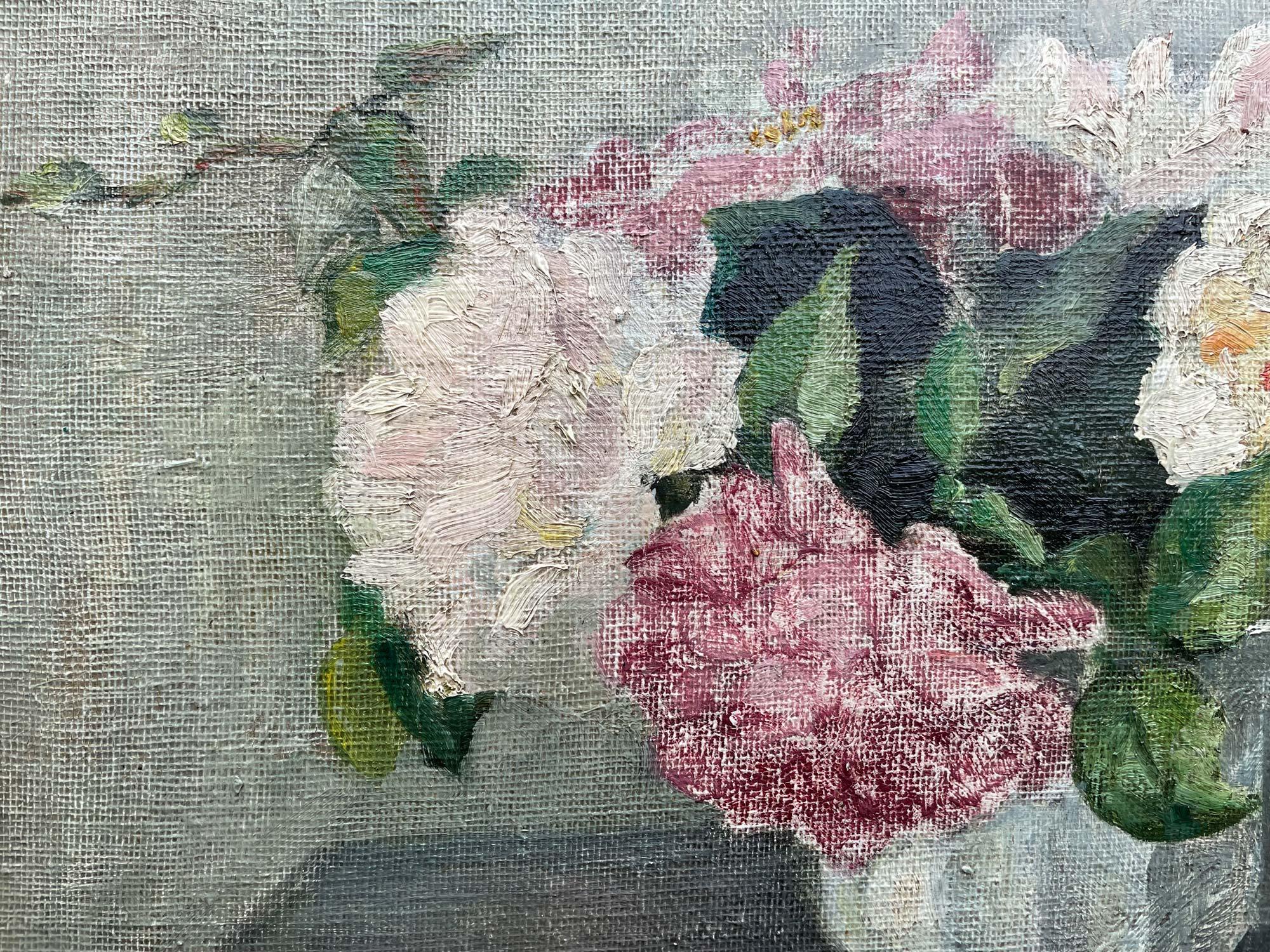 German Roses Painting, Létourneux Yvonne Oil on Canvas, France 1950