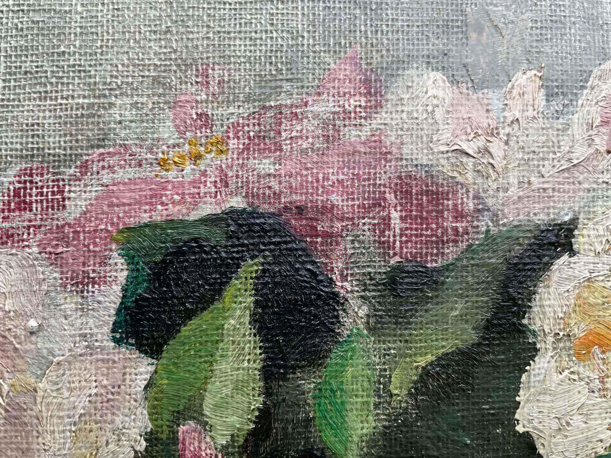 Hand-Painted Roses Painting, Létourneux Yvonne Oil on Canvas, France 1950
