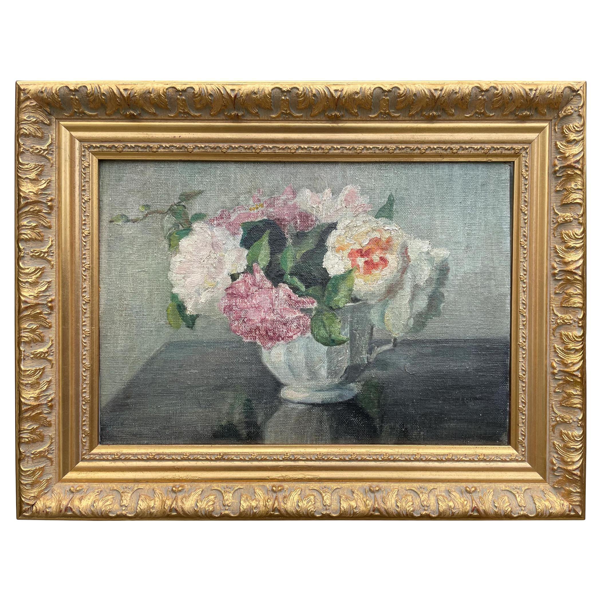 Roses Painting, Létourneux Yvonne Oil on Canvas, France 1950