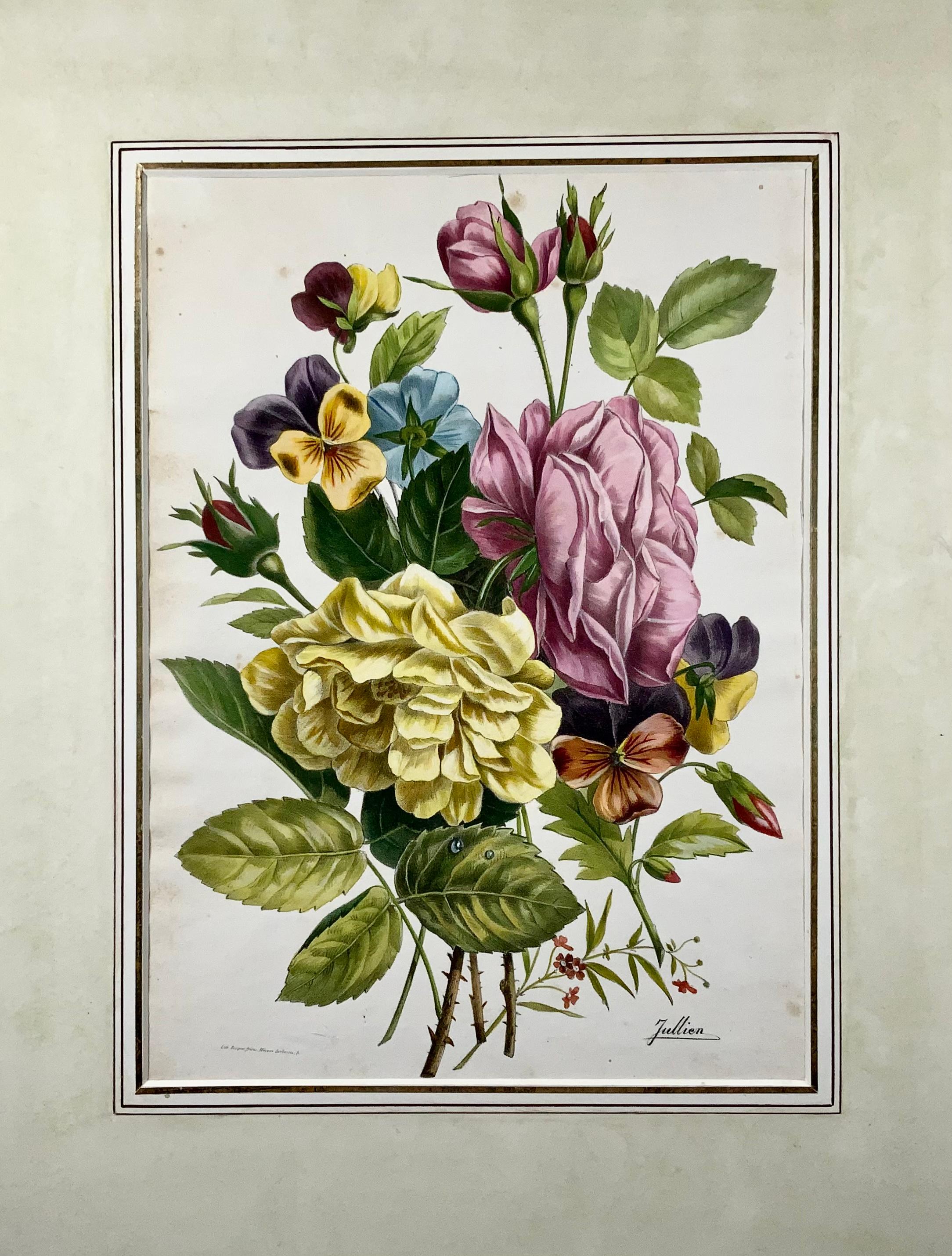 Signed Jullien (in the stone)

Stone lithograph by Becquet, Macons Sorbonne 5, Paris

Sheet without mount 29.7 x 21.2 cm

Extremely rare stone lithograph bouquet with exquisite original hand colour.

Mounted.

Very light marginal age spotting.
