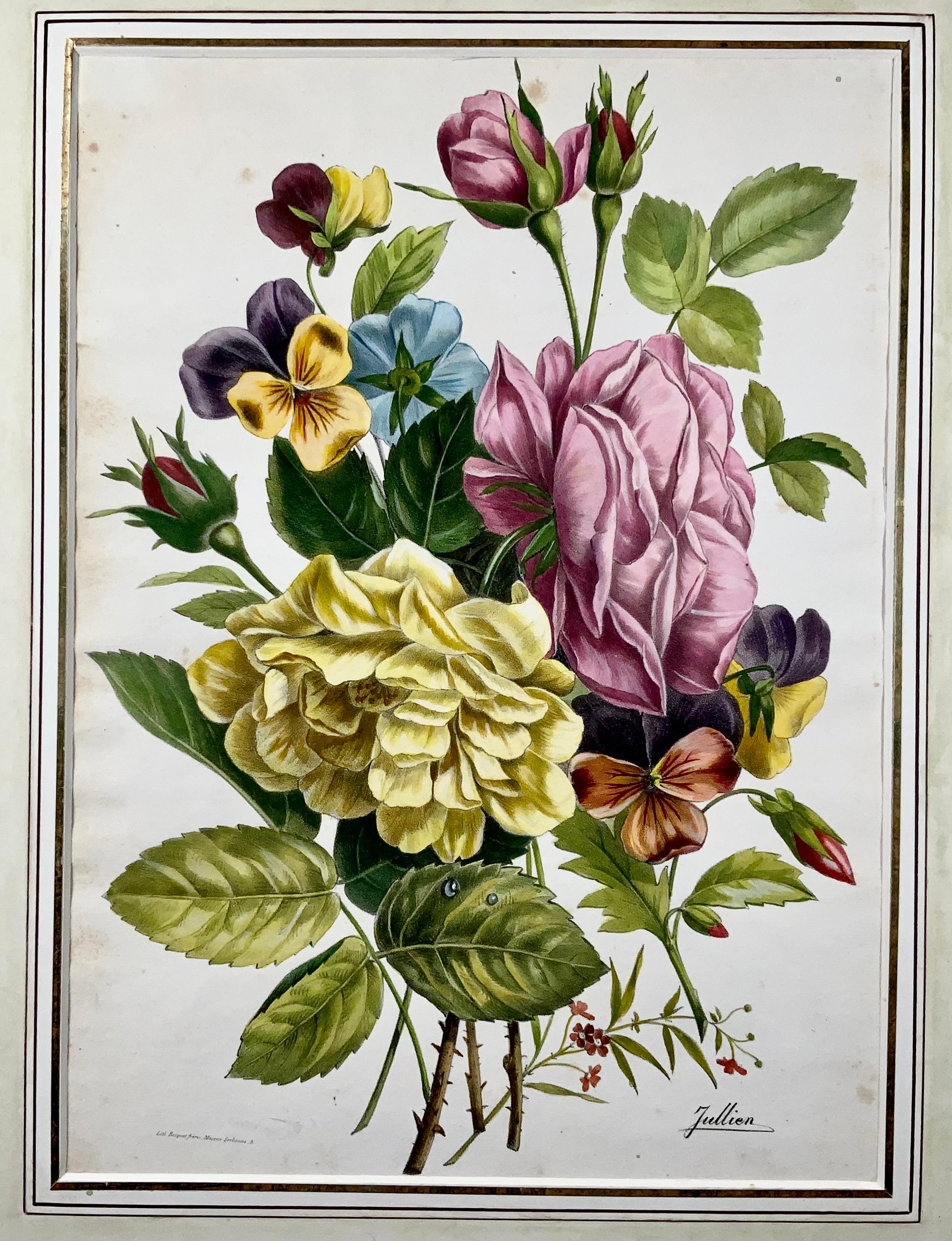 French Roses & Pansies, Jullien, Bequet, large stone lithograph hand coloured For Sale