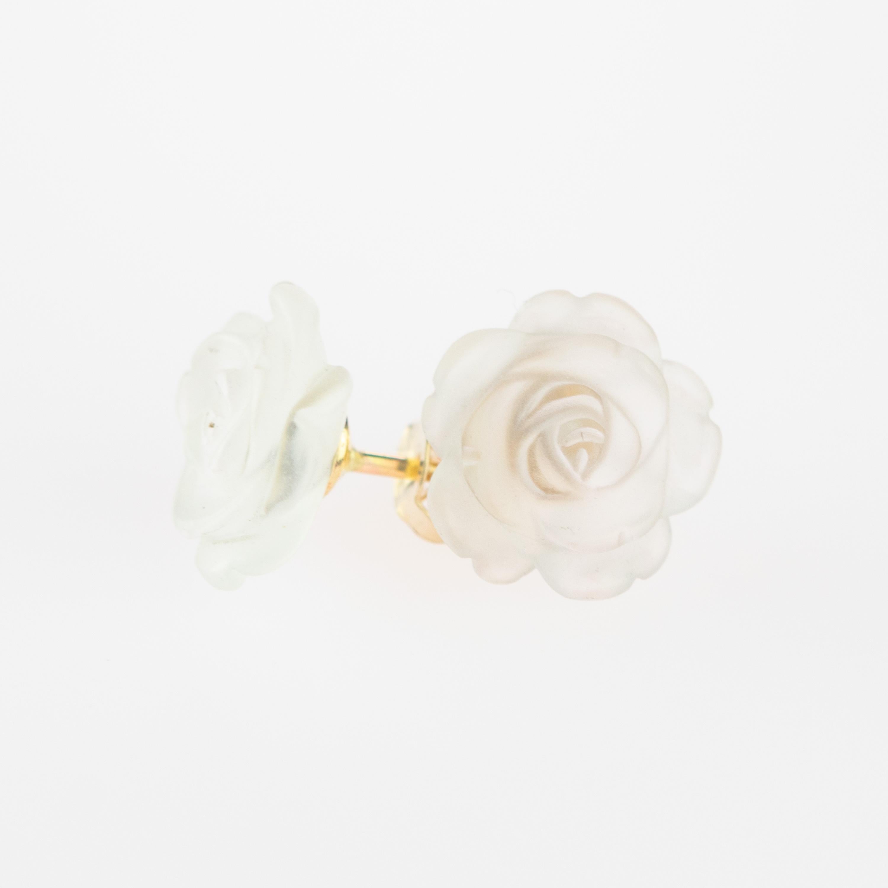 Artisan Roses Rock Crystal Carved 14 Karat Gold Stud Handmade Italian Earrings For Sale