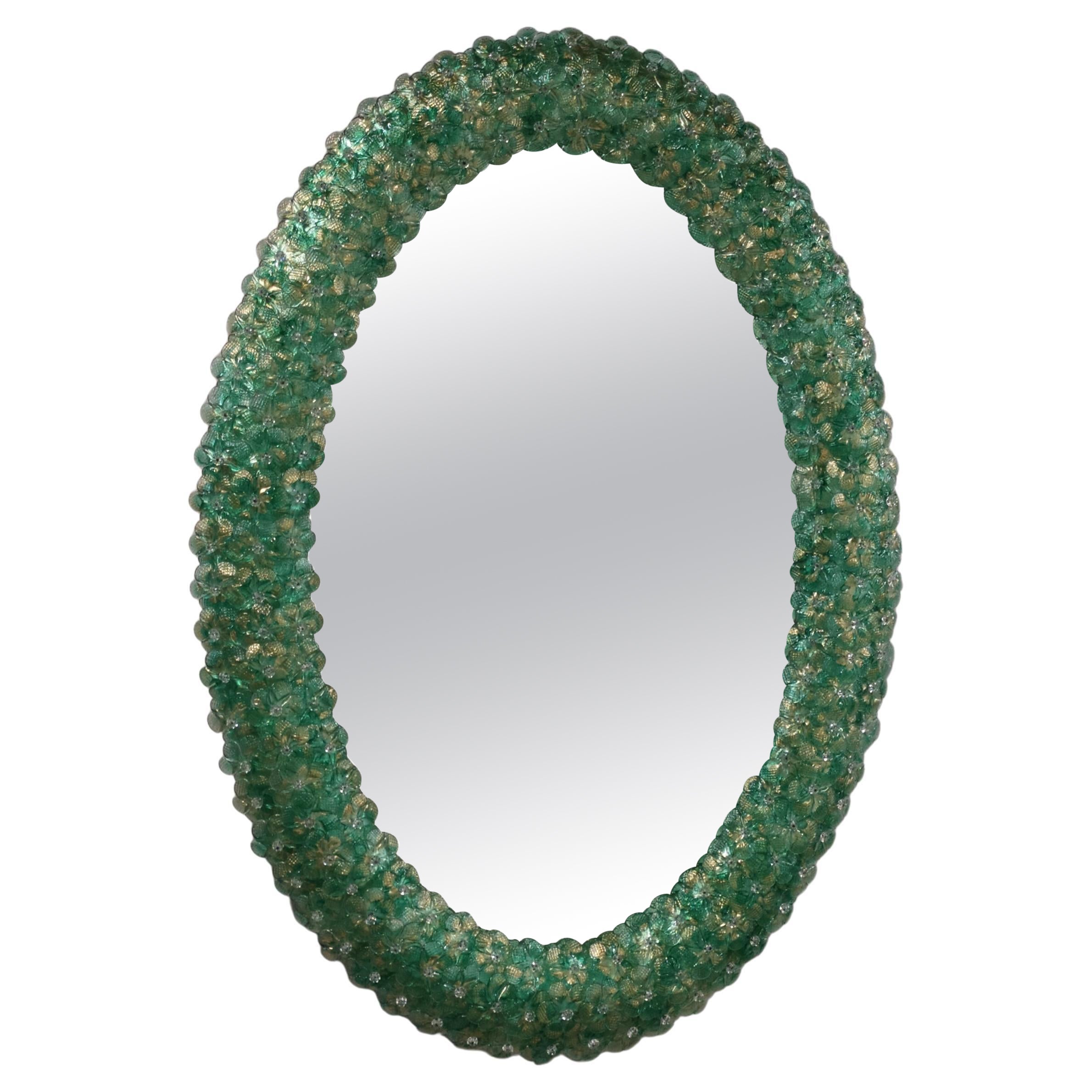 "Roseto Oro Verde"  Espejo oval de cristal de Murano Rosa de Fratelli Tosi Murano en venta