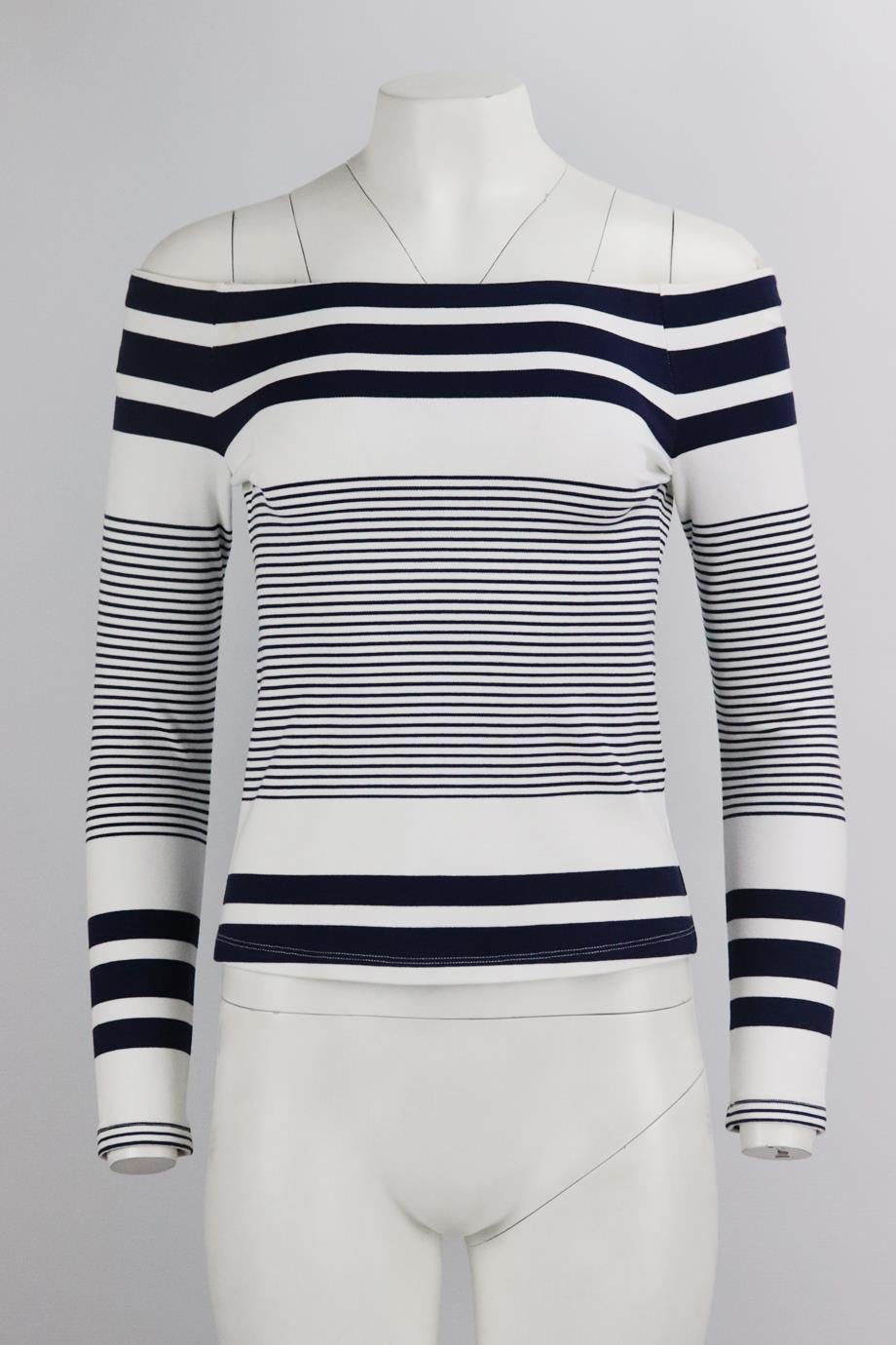 Rosetta Getty off the shoulder striped stretch jersey top. White and blue. Long sleeve, off-the-shoulder. Slips on. 96% Viscose, 4% elastane. Size: Small (UK 8, US 4, FR 36, IT 40). Bust: 30 in. Waist: 29 in. Hips: 33 in. Length: 18 in. Very good