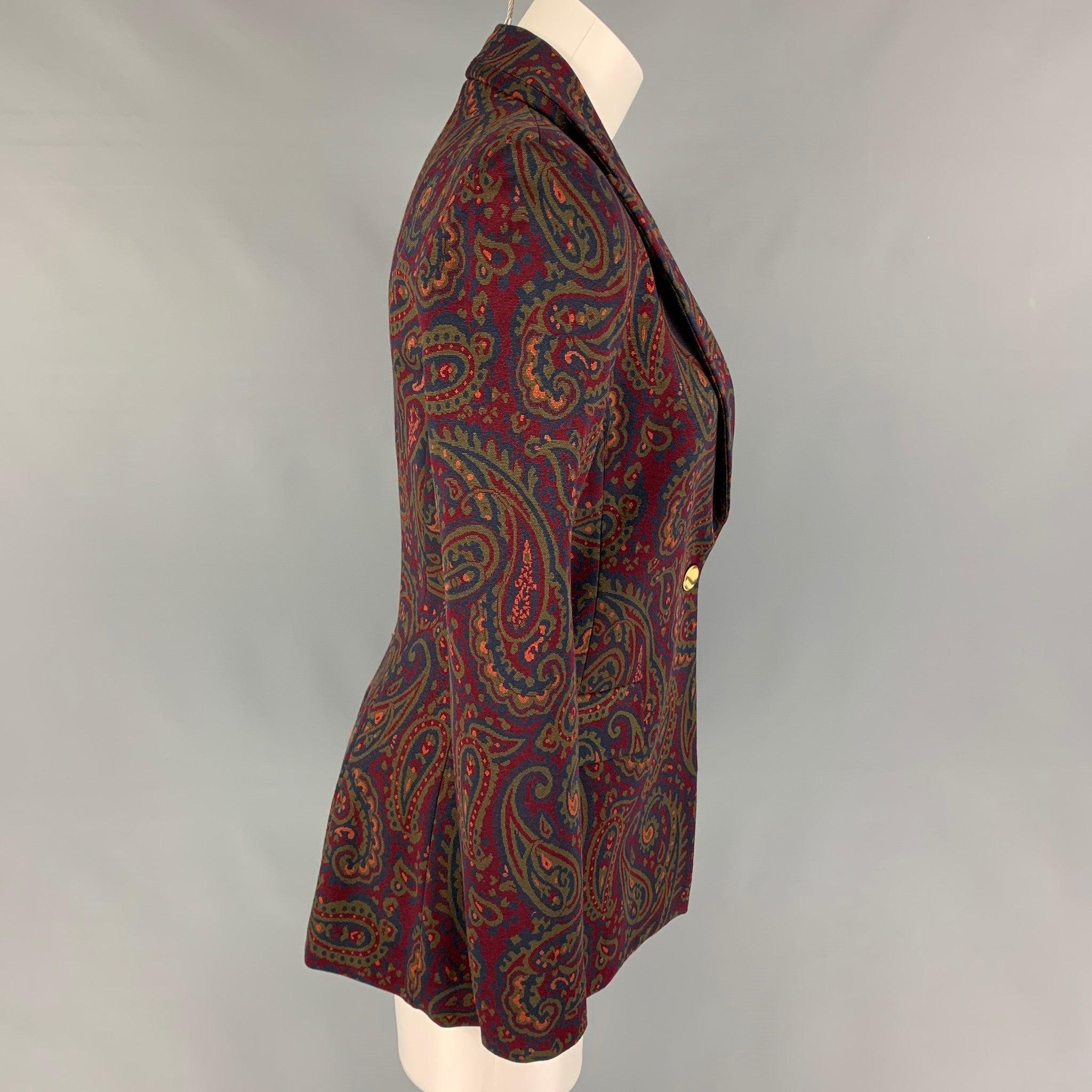 ROSETTA GETTY jacket comes in a burgundy & navy paisley viscose blend with a half liner, flap pockets, single back vent, and a single button closure. Made in USA.New with tags.  

Marked:   S 

Measurements: 
 
Shoulder: 15 inches Bust: 32 inches