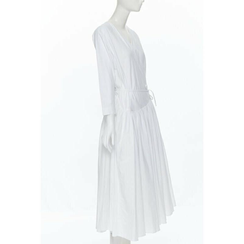 Gray ROSETTA GETTY white cotton wrap front self tie flared casual midi day dress XS