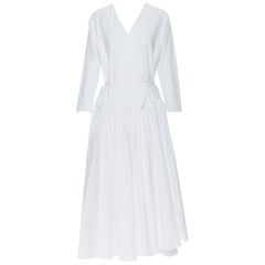 ROSETTA GETTY white cotton wrap front self tie flared casual midi day dress XS