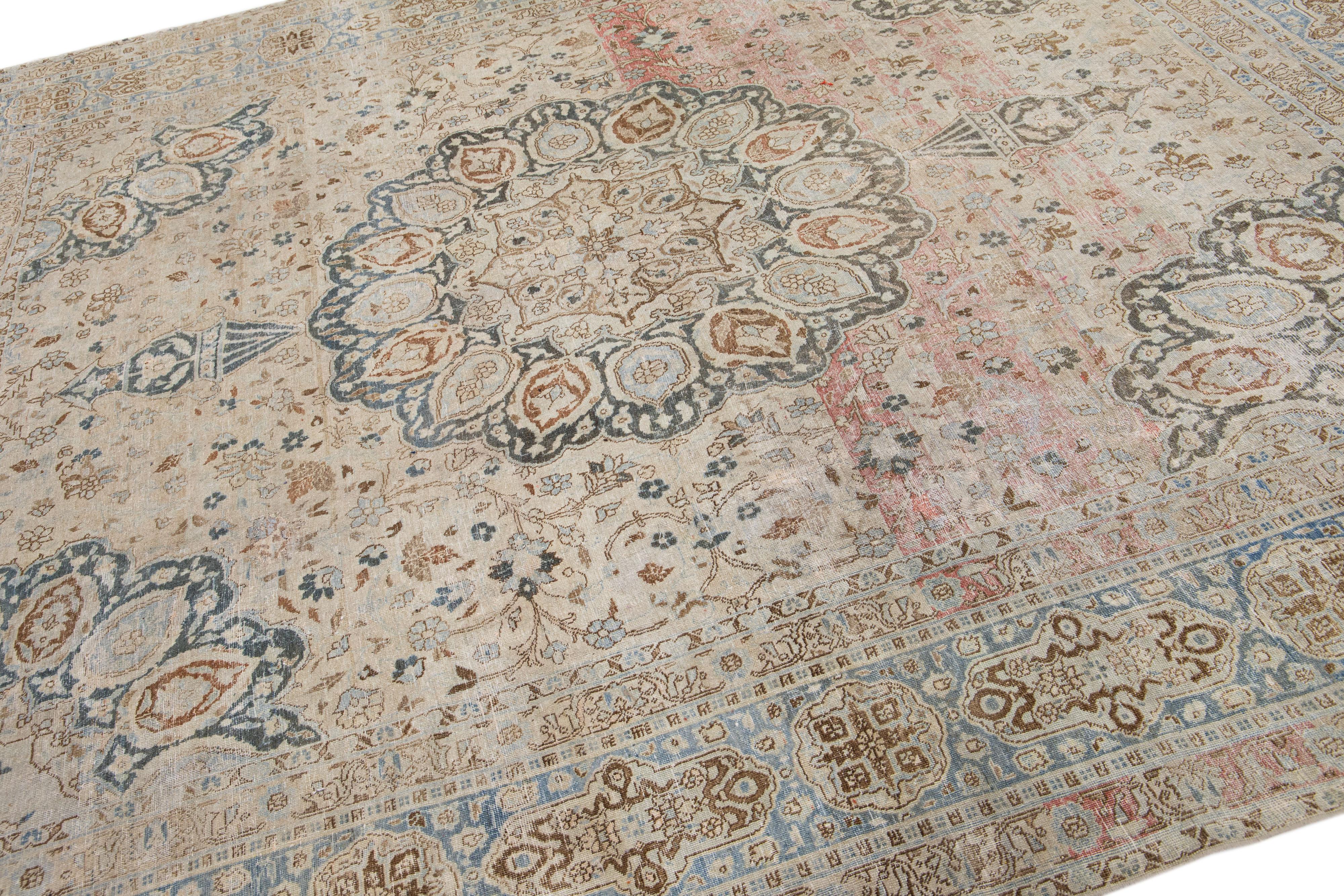 Hand-Knotted Rosette Antique Persian Tabriz Beige Handmade Wool Rug  For Sale