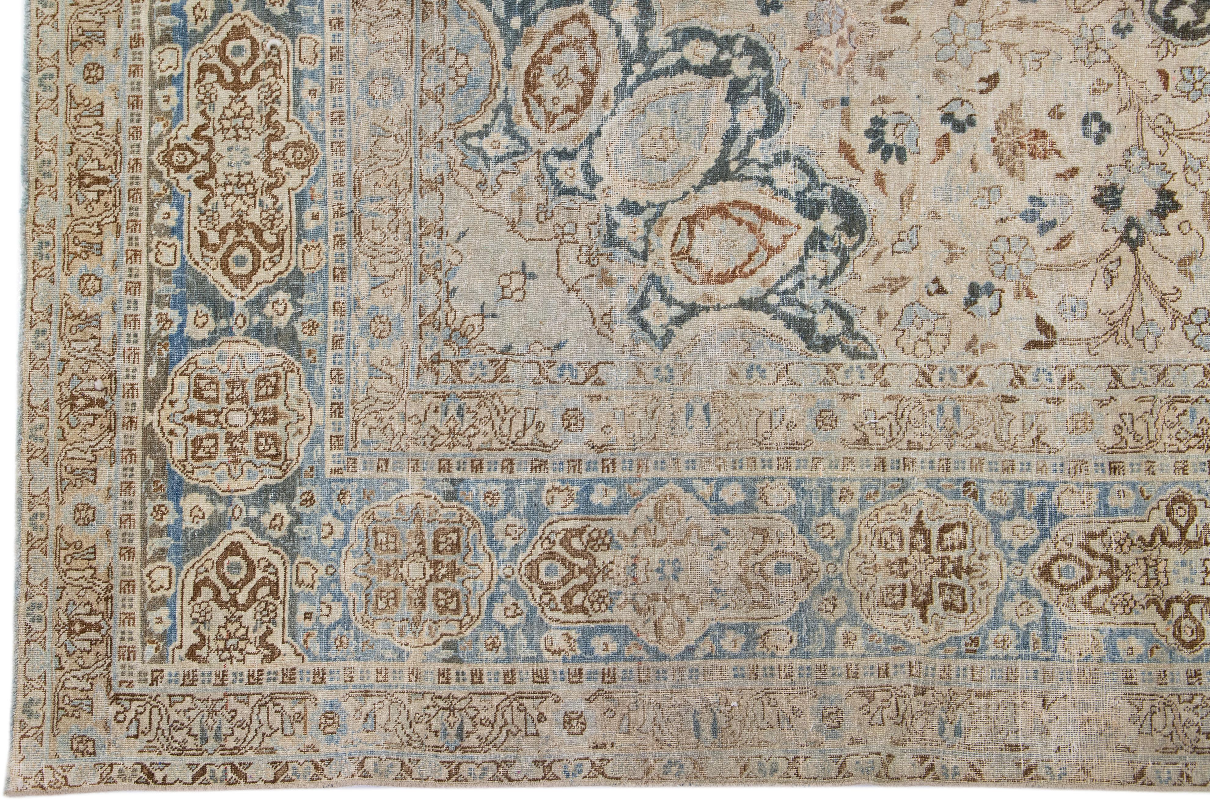 Rosette Antique Persian Tabriz Beige Handmade Wool Rug  In Good Condition For Sale In Norwalk, CT