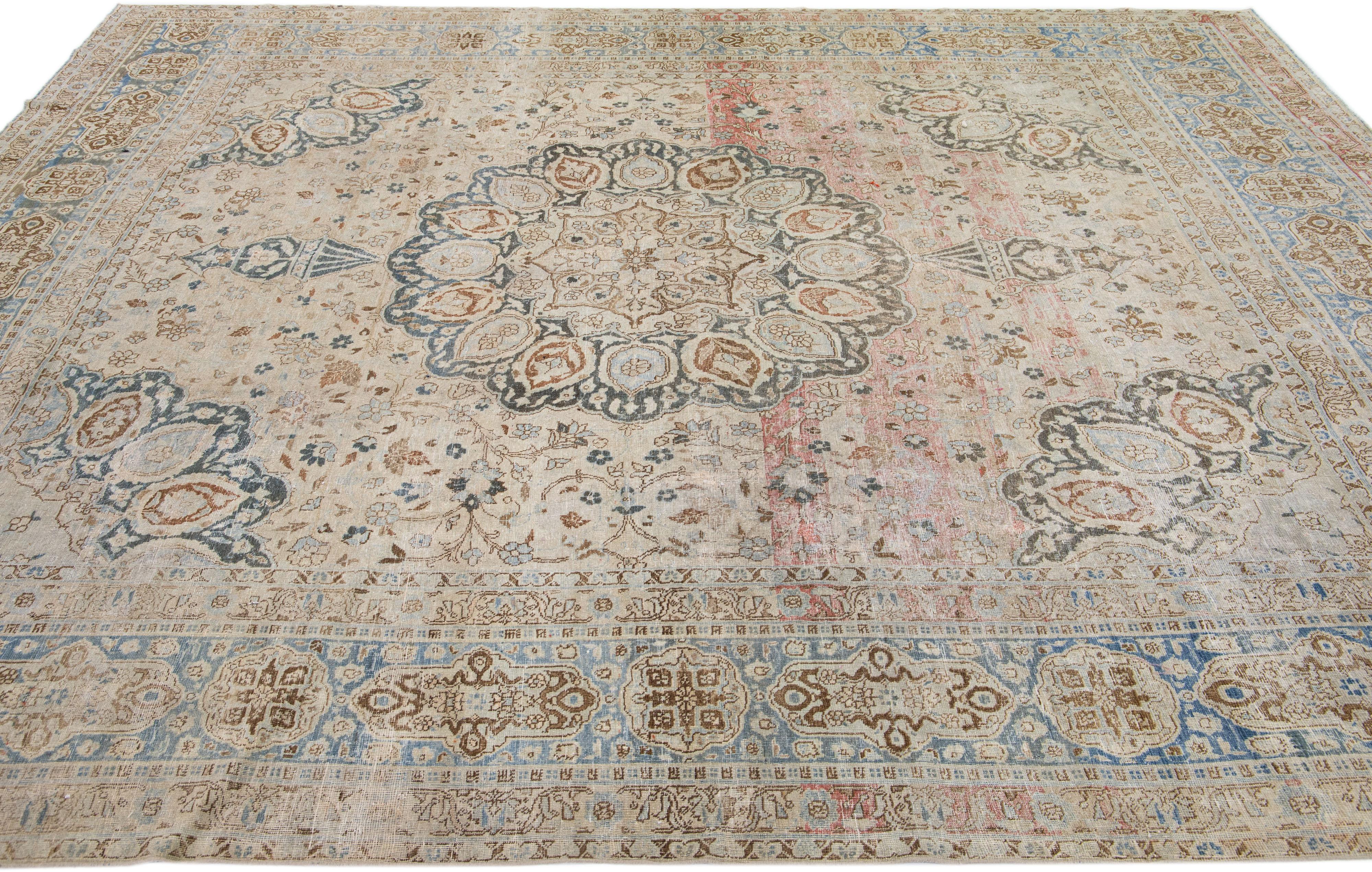 20th Century Rosette Antique Persian Tabriz Beige Handmade Wool Rug  For Sale