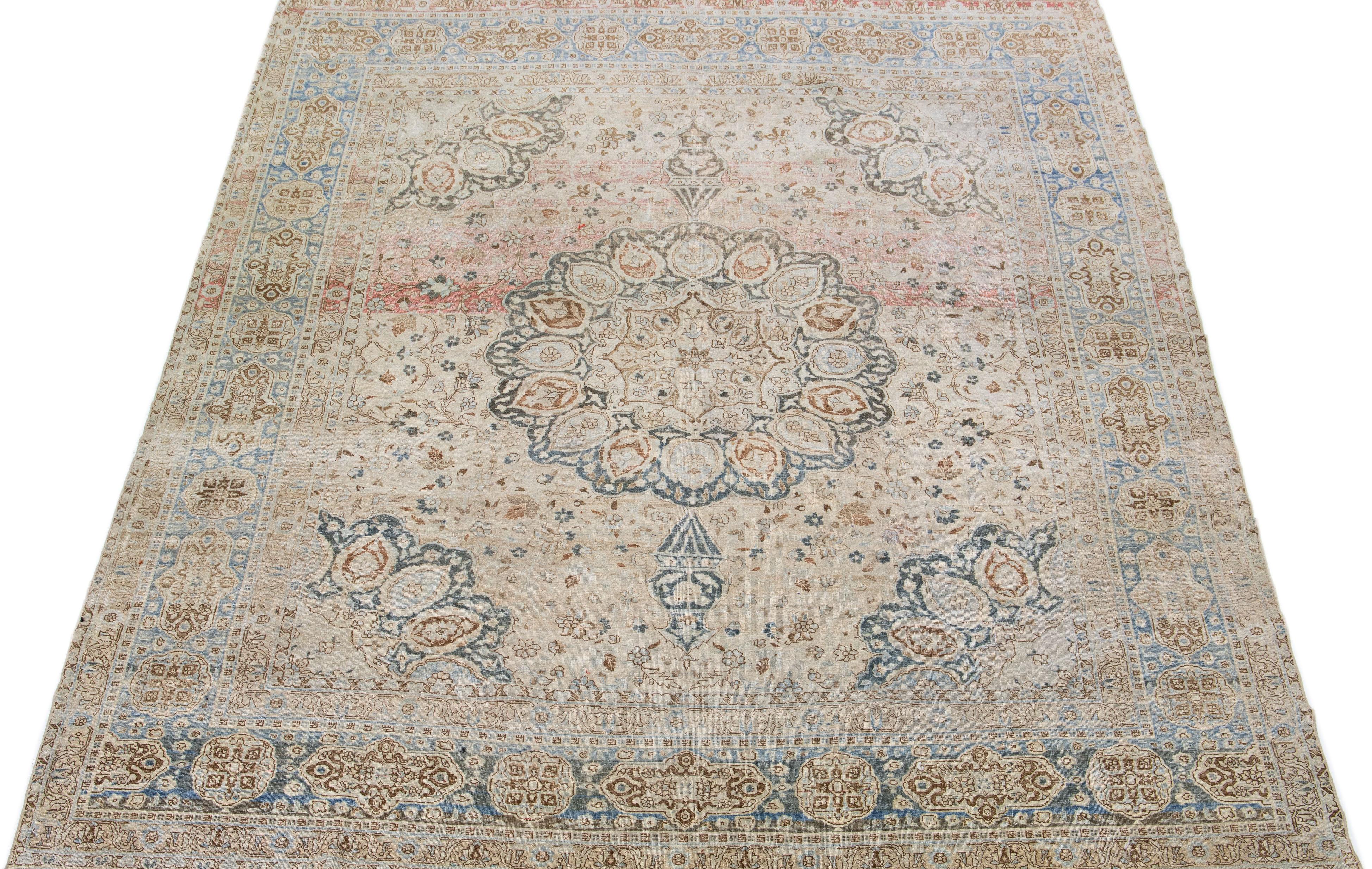 Rosette Antique Persian Tabriz Beige Handmade Wool Rug  For Sale 1