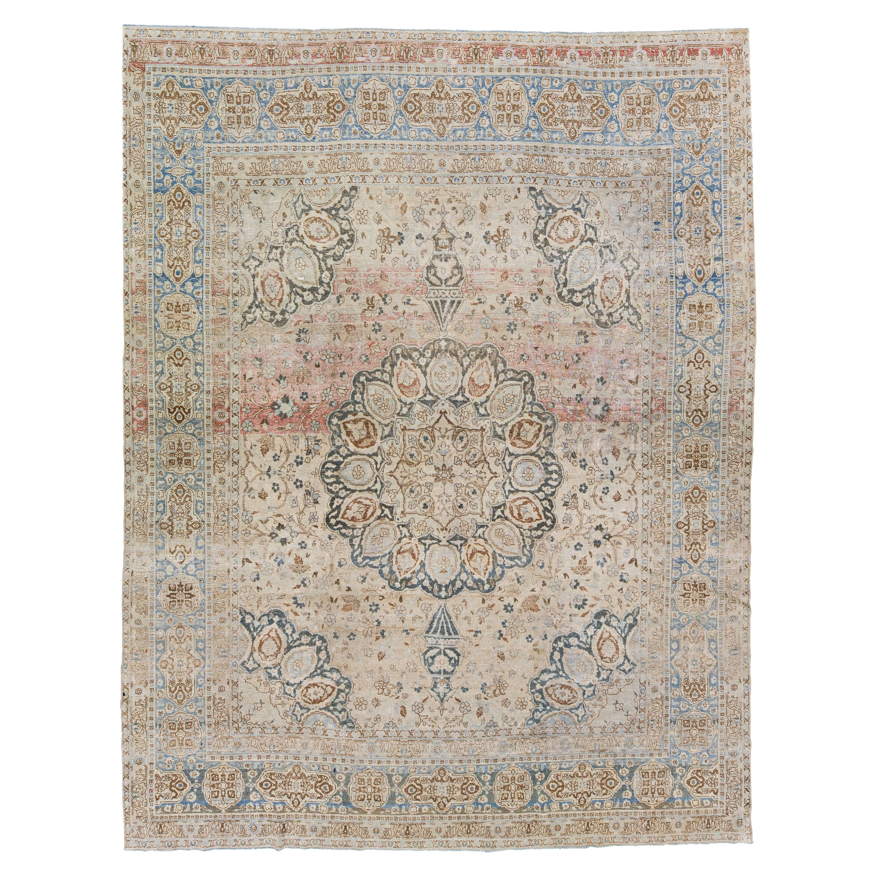 Tappeto di lana antico persiano Tabriz Beige fatto a mano Rosette