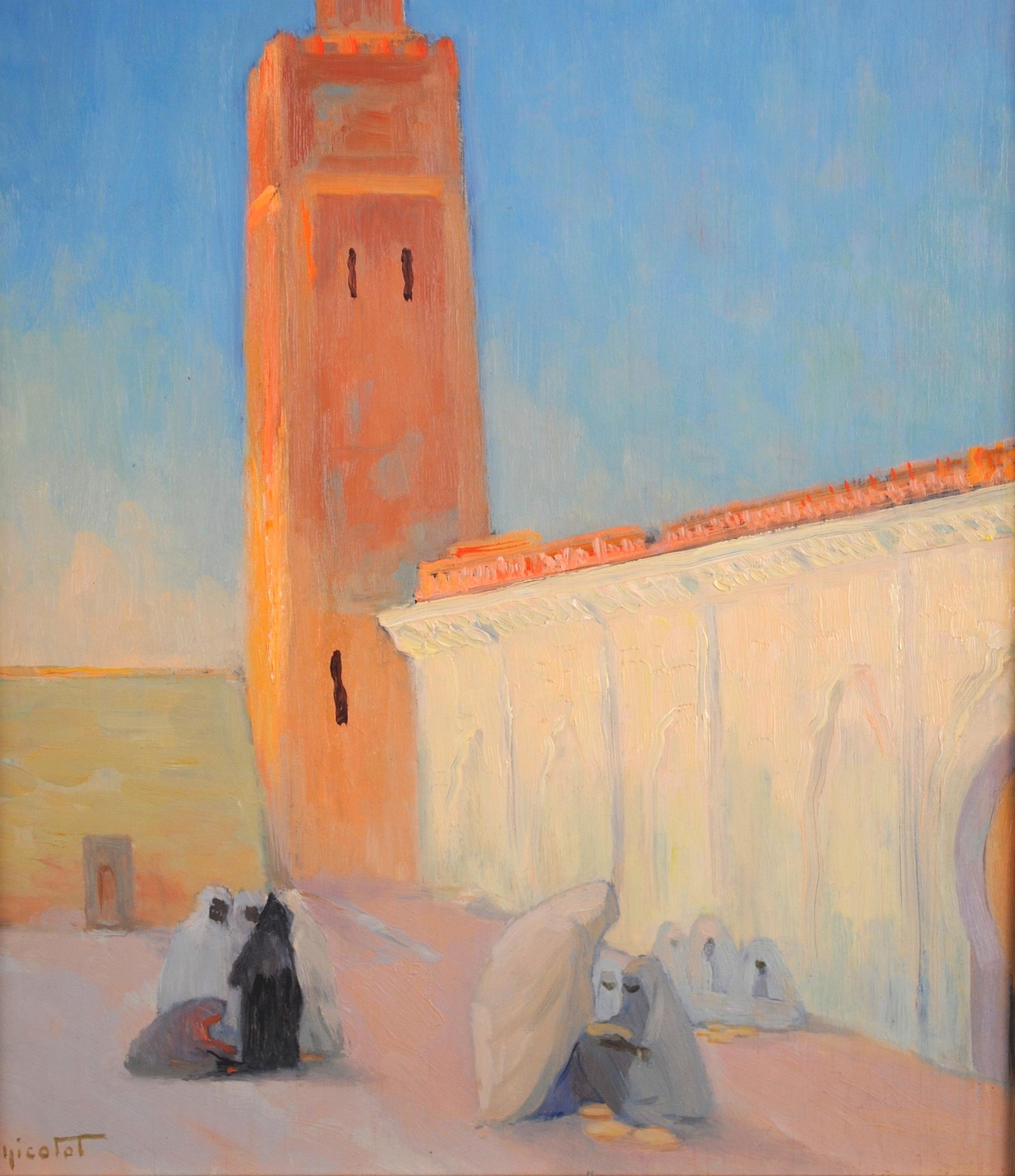 North African Town - Mid 20th Century French Orientalist Figures Oil Painting - Brown Landscape Painting by Rosette Chicotot