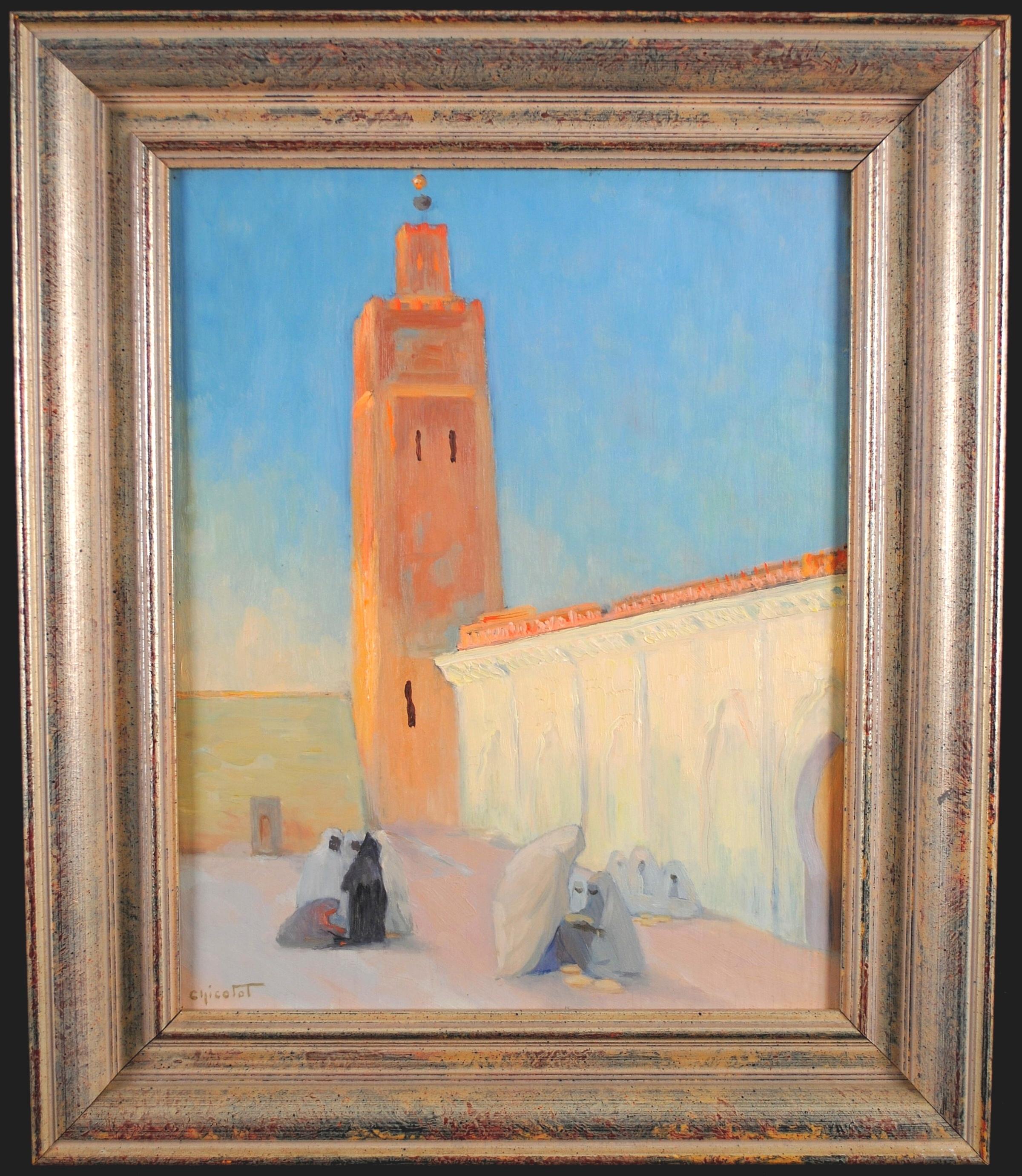 Rosette Chicotot Landscape Painting - North African Town - Mid 20th Century French Orientalist Figures Oil Painting