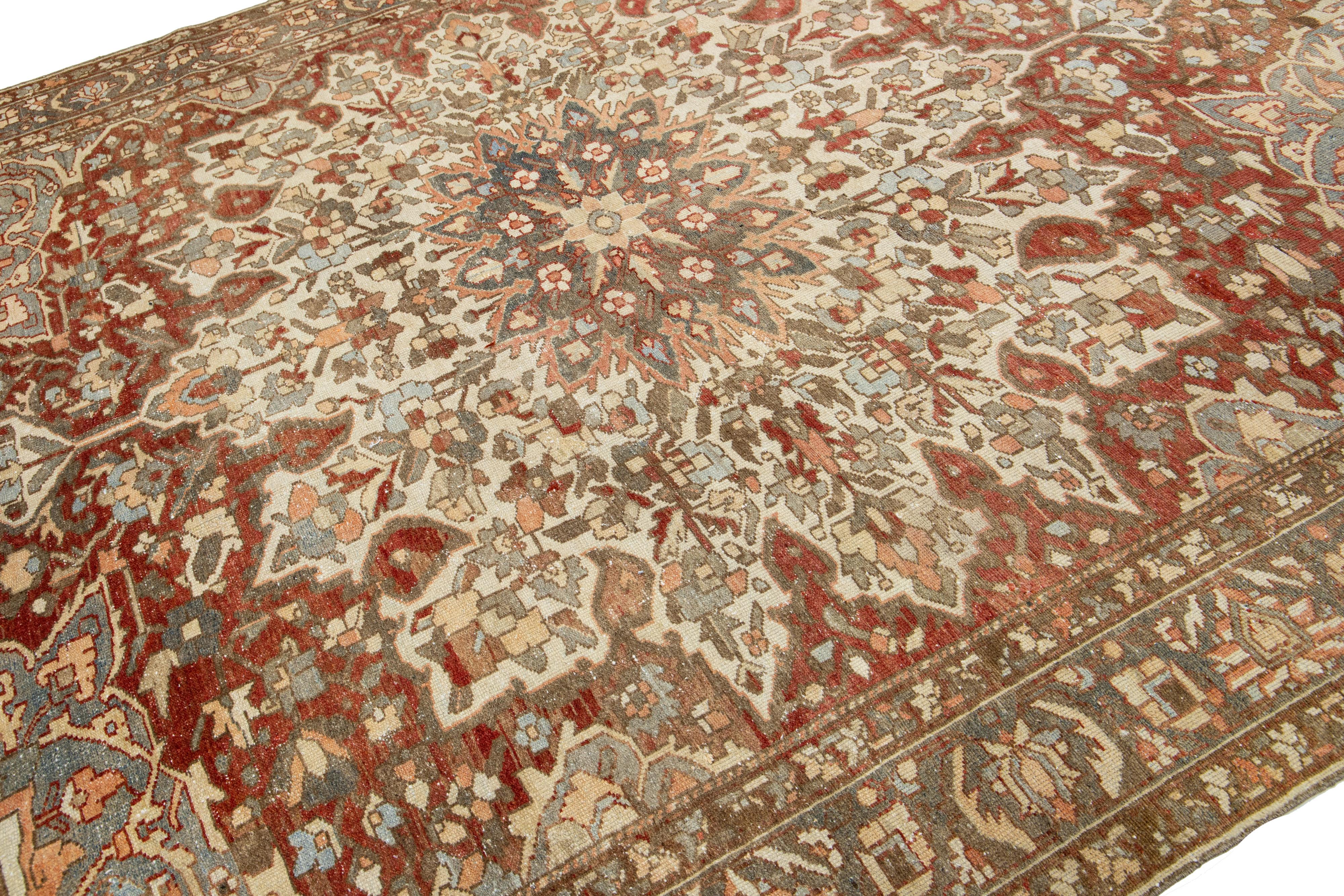 Hand-Knotted Rosette Designed Antique Persian Bakhtiari Red Wool Rug  For Sale