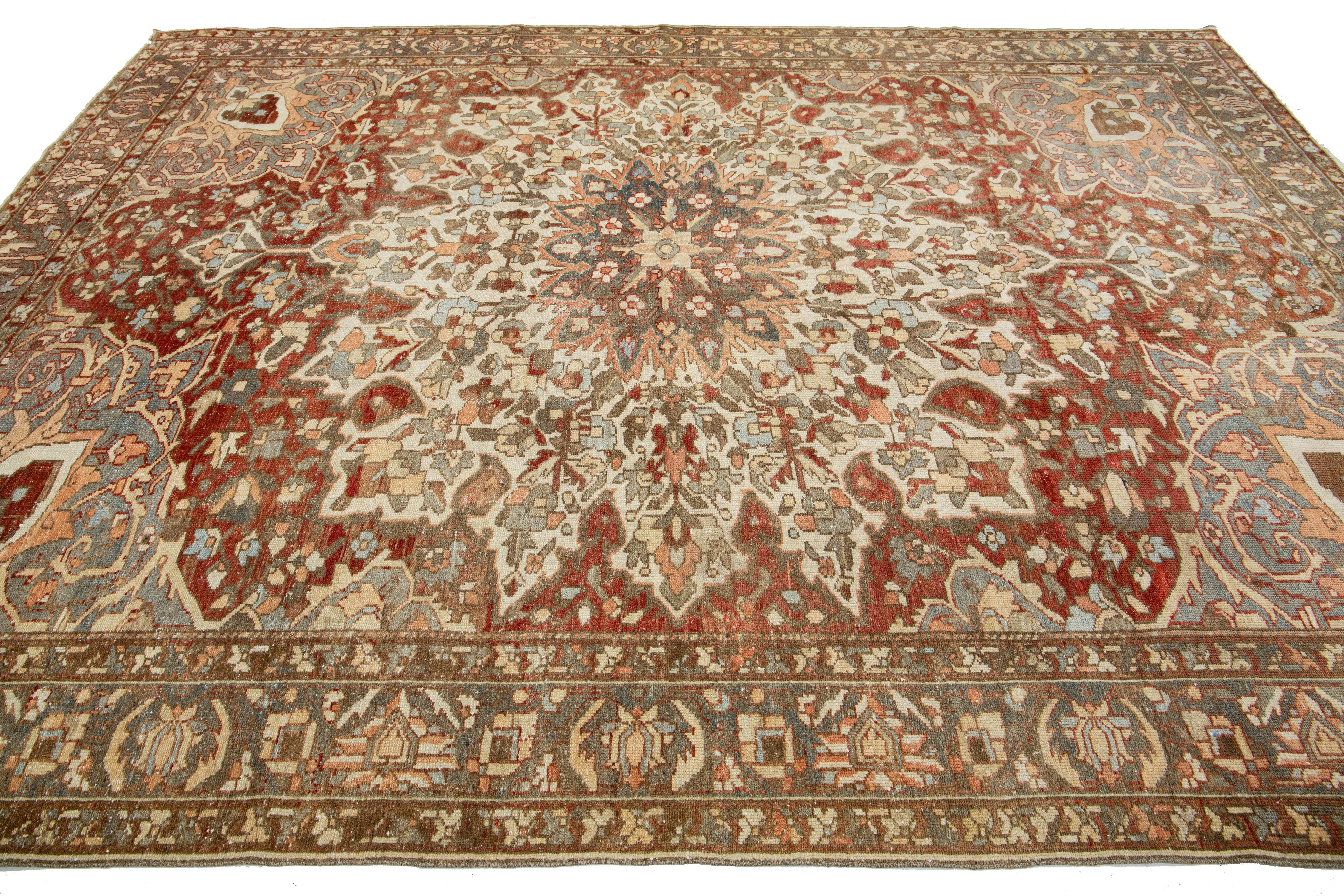 Rosette Designed Antique Persian Bakhtiari Red Wool Rug  In Good Condition For Sale In Norwalk, CT