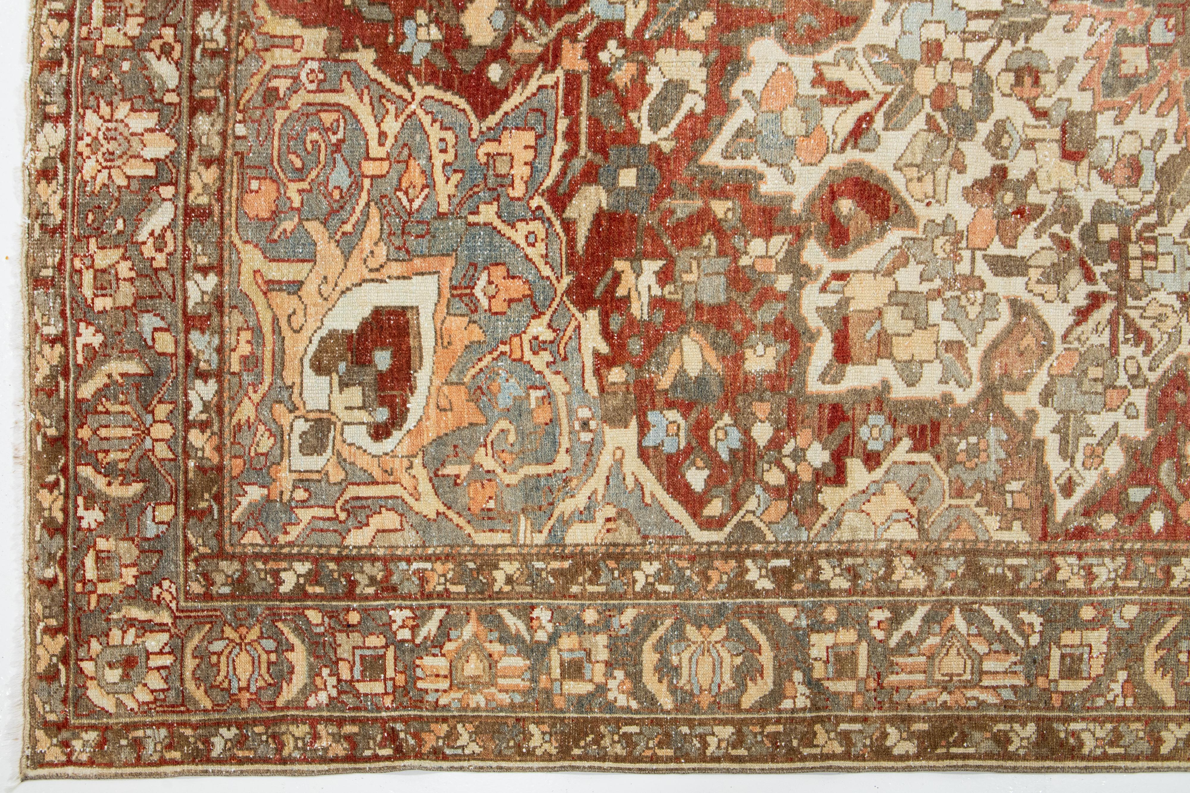20th Century Rosette Designed Antique Persian Bakhtiari Red Wool Rug  For Sale