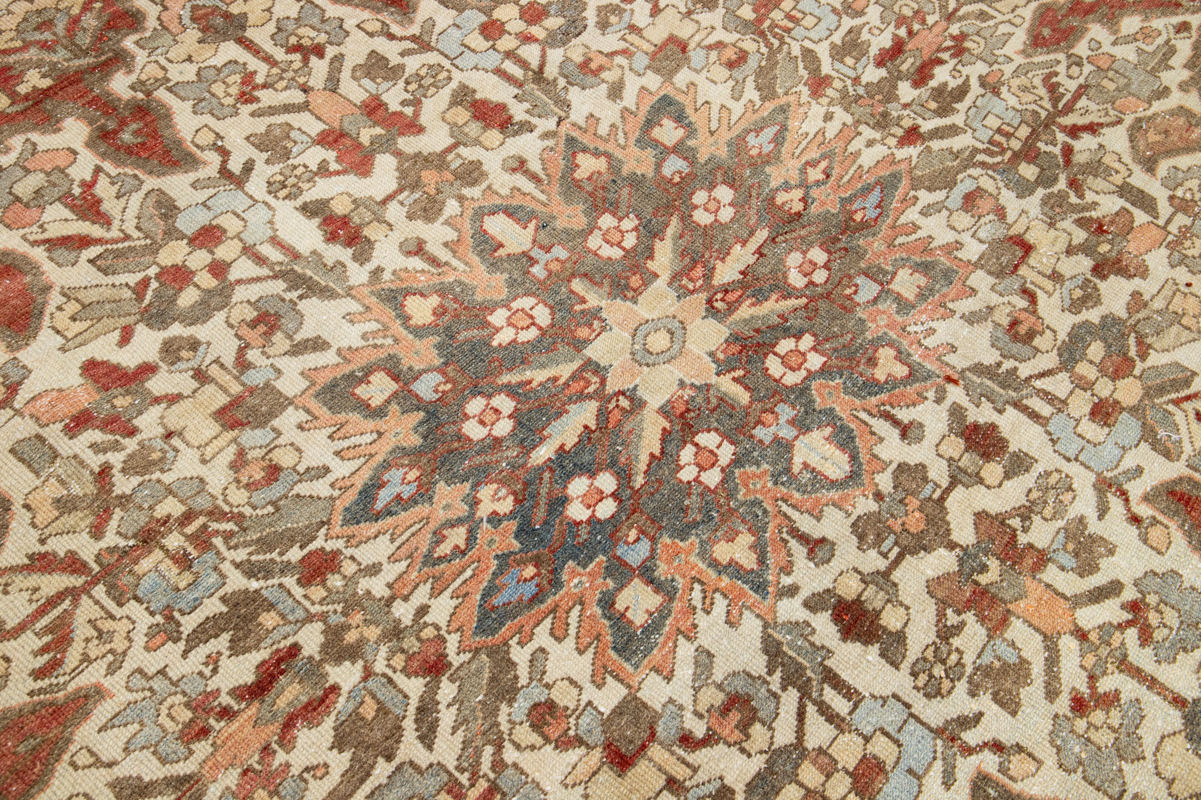 Rosette Designed Antique Persian Bakhtiari Red Wool Rug  For Sale 2