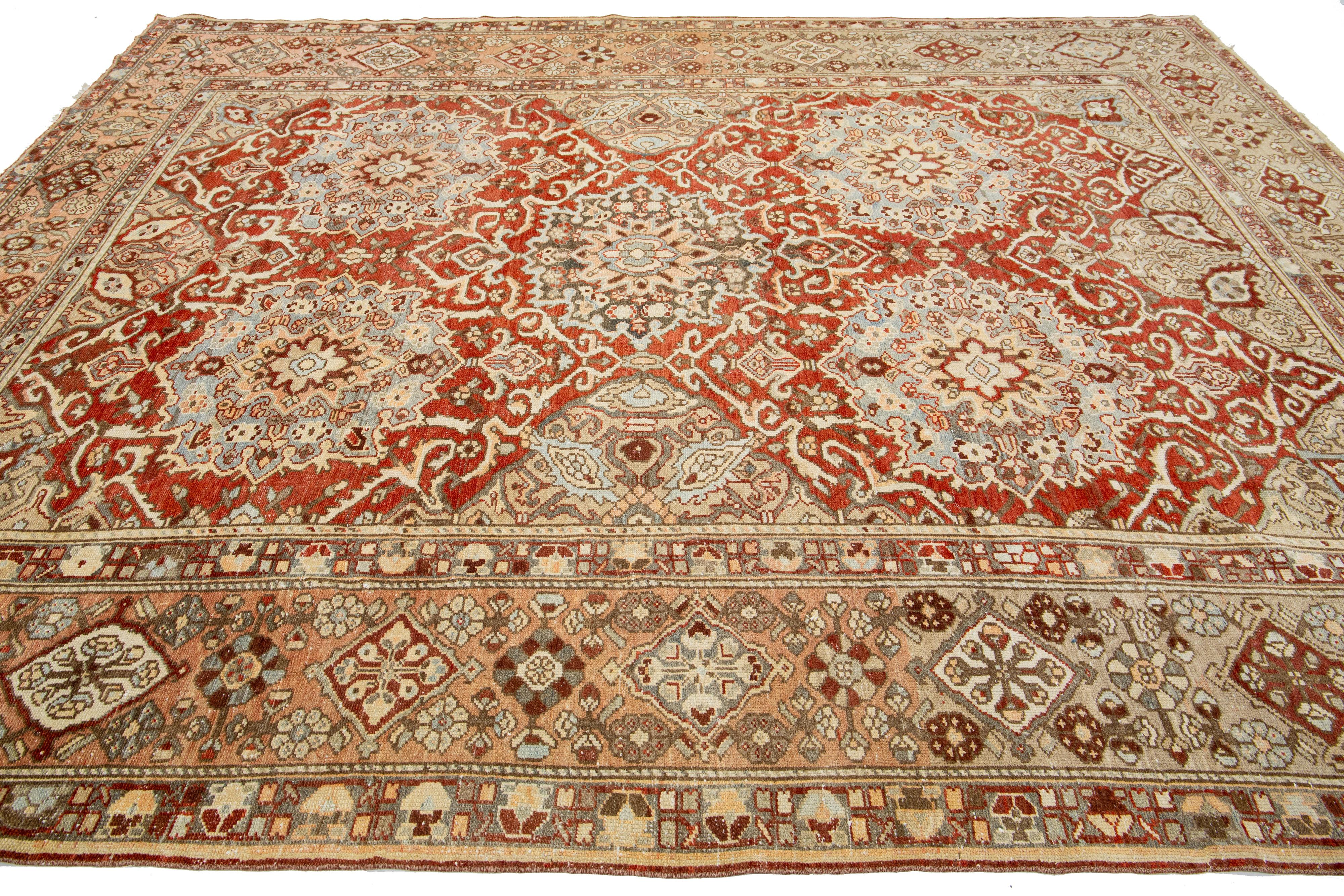 Hand-Knotted Rosette Persian Bakhtiari Wool Rug Handmade In Rust Color   For Sale