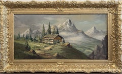 Vintage Alpine Mountain Landscape with Chalet – Oil on Canvas – Signed Rosetto