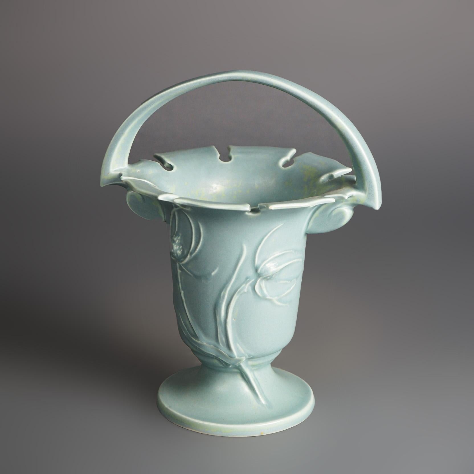 Roseville Art Pottery Blue Basket, Teasel in Blue, Signed, C1938

Measures- 10.25''H x 8.25''W x 6.75''D