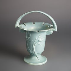 Roseville Art Pottery Blue Basket, Teasel in Blue, Signed, C1938
