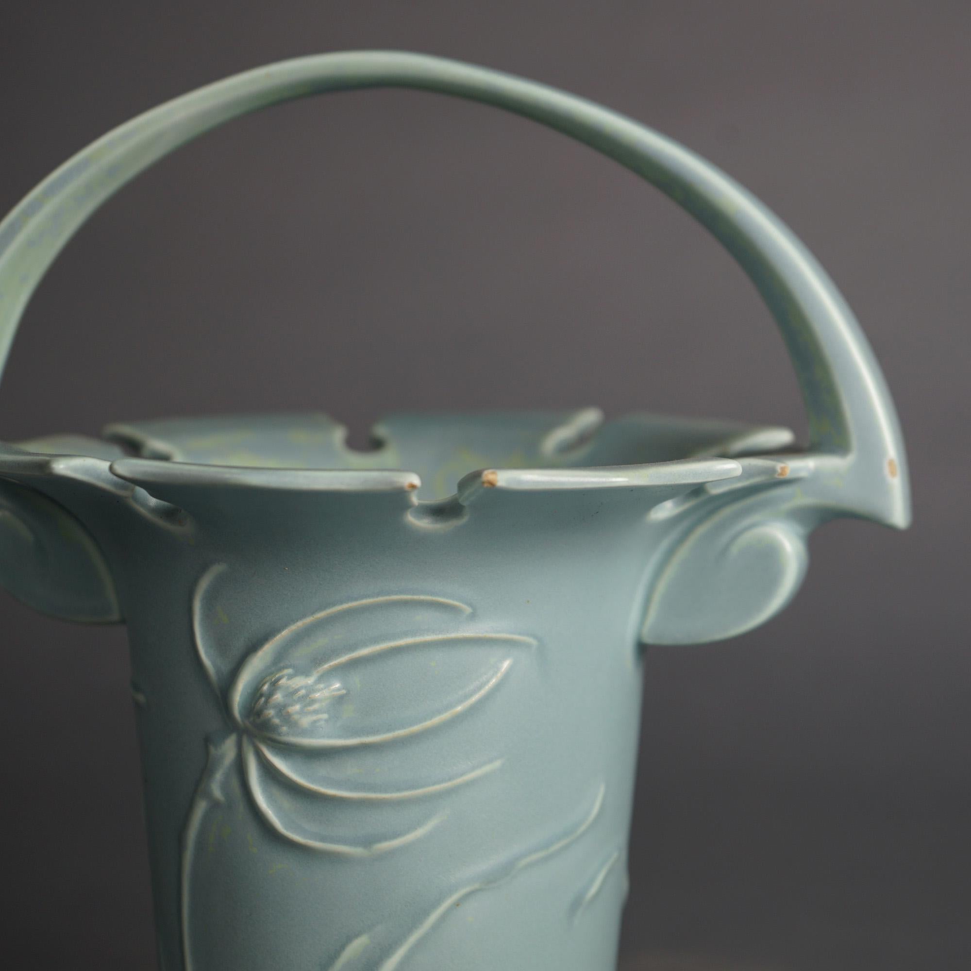 Roseville Art Pottery Blue Basket, Teasel in Blue, Signed, C1938 In Good Condition In Big Flats, NY