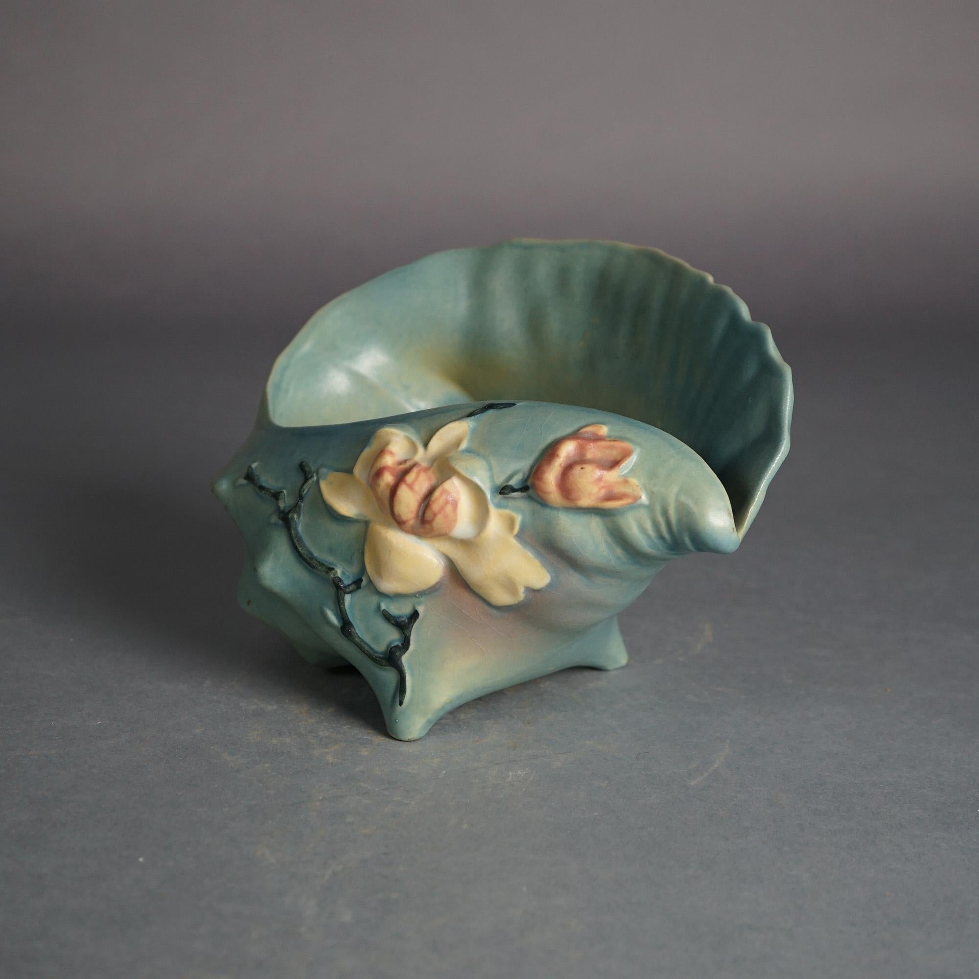 Arts and Crafts Roseville Art Pottery Blue Conch Shell With Magnolia Pattern C1943