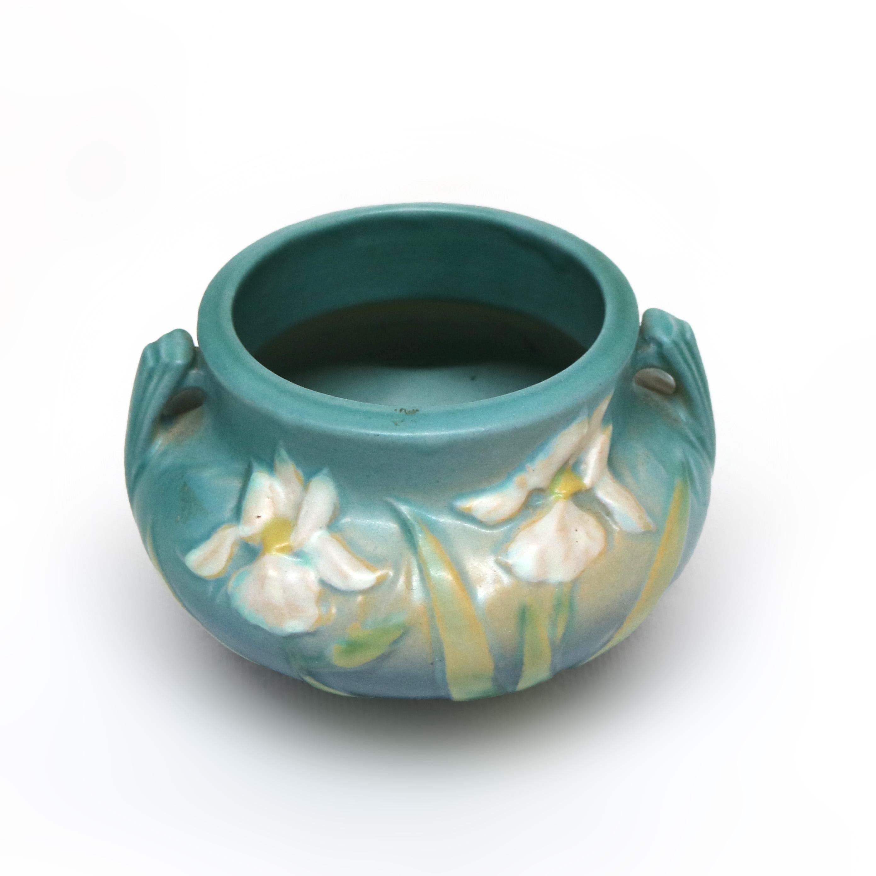 Roseville Art Pottery Blue Vase with Iris Pattern Mid 20thC In Good Condition In Big Flats, NY