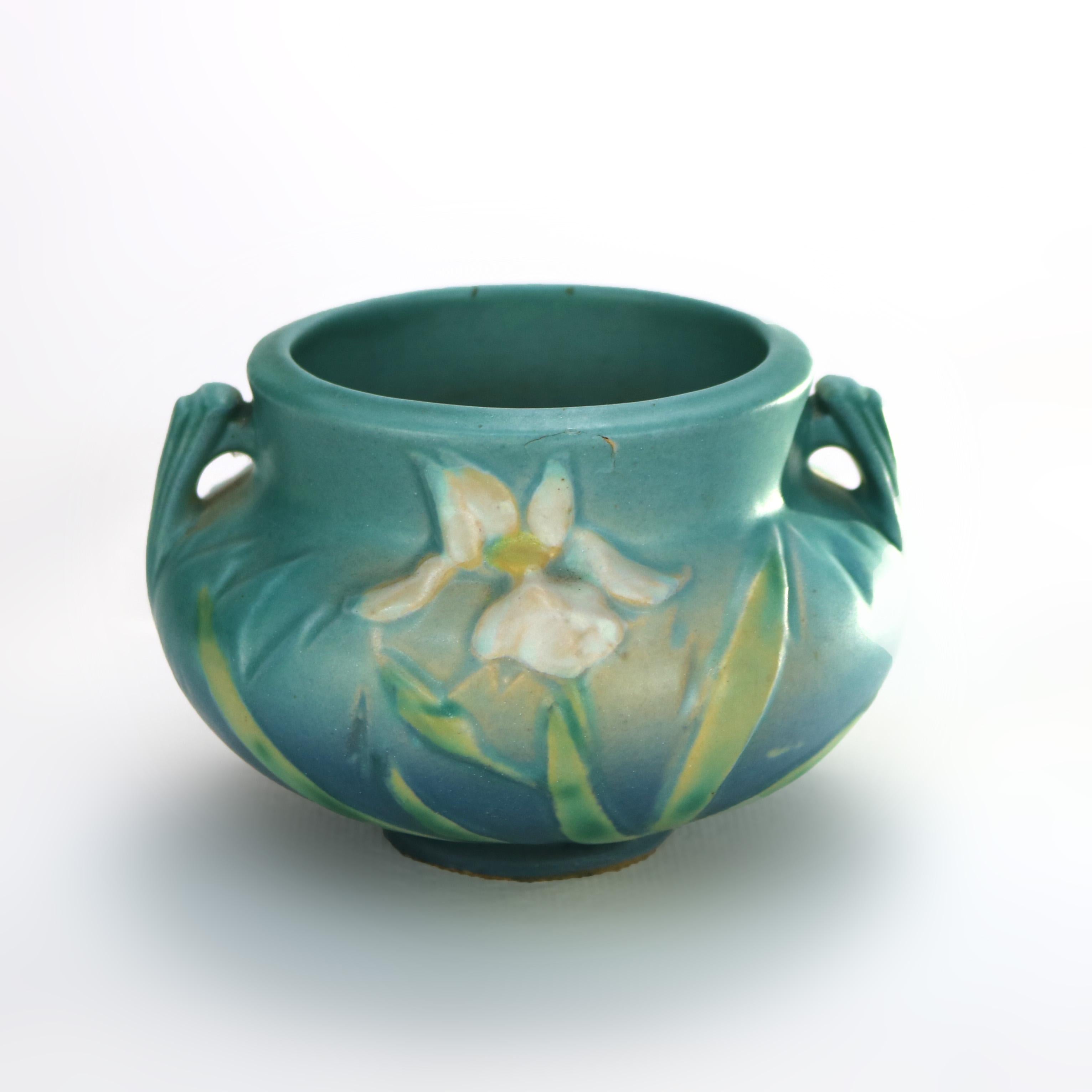 20th Century Roseville Art Pottery Blue Vase with Iris Pattern Mid 20thC