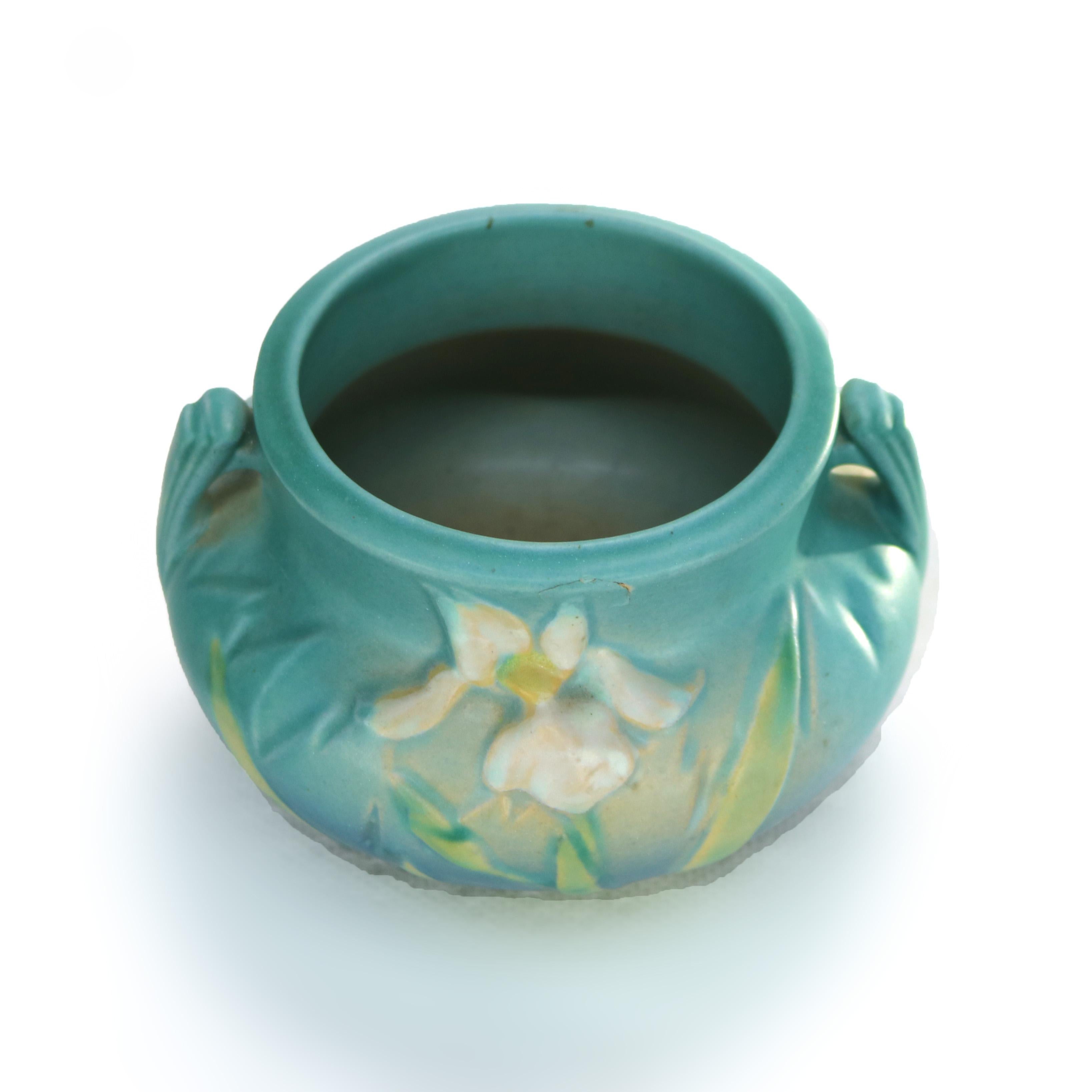 Roseville Art Pottery Blue Vase with Iris Pattern Mid 20thC 1