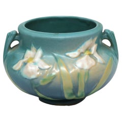 Roseville Art Pottery Blue Vase with Iris Pattern Mid 20thC