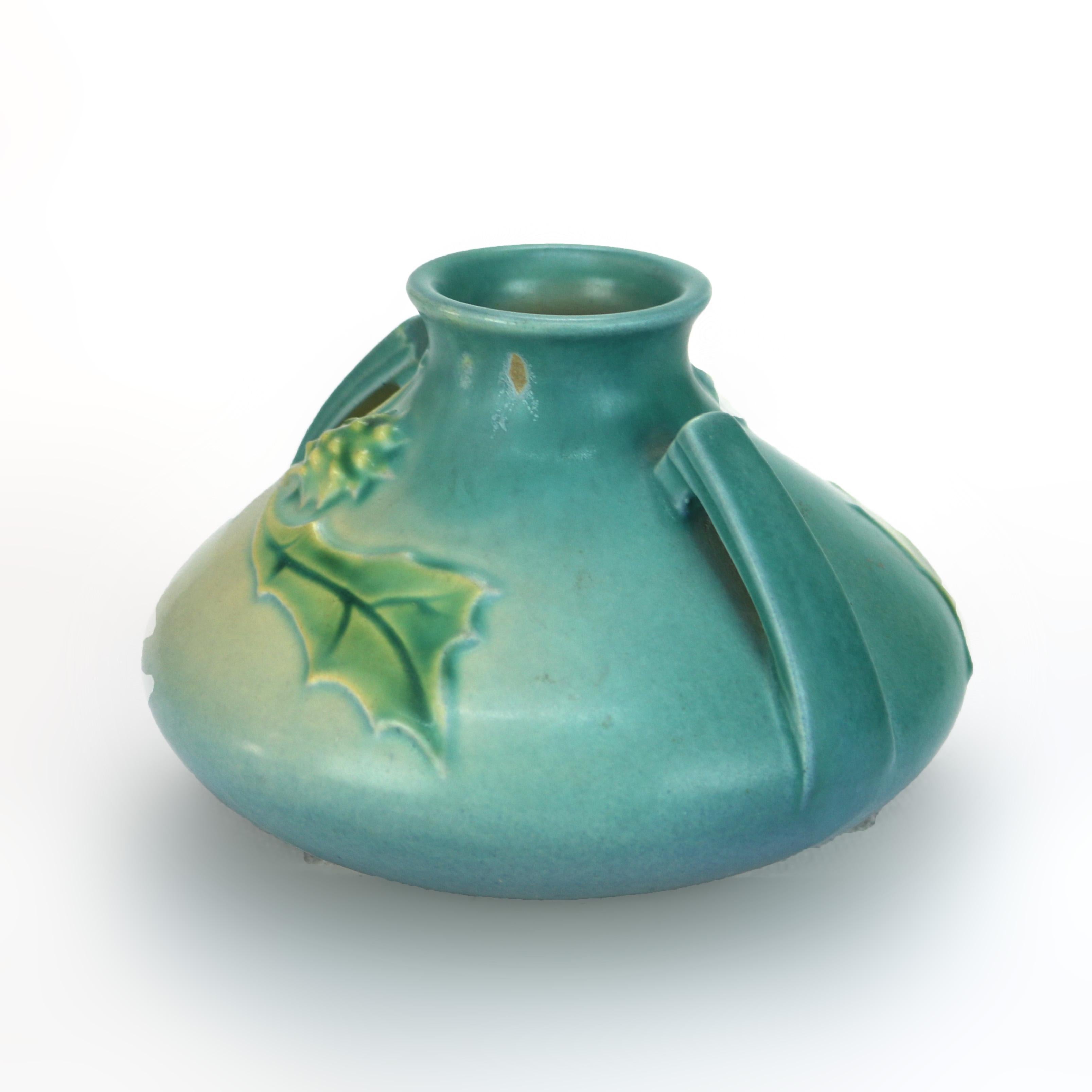 20th Century Roseville Art Pottery Blue Vase with Thornapple Pattern Mid 20thC
