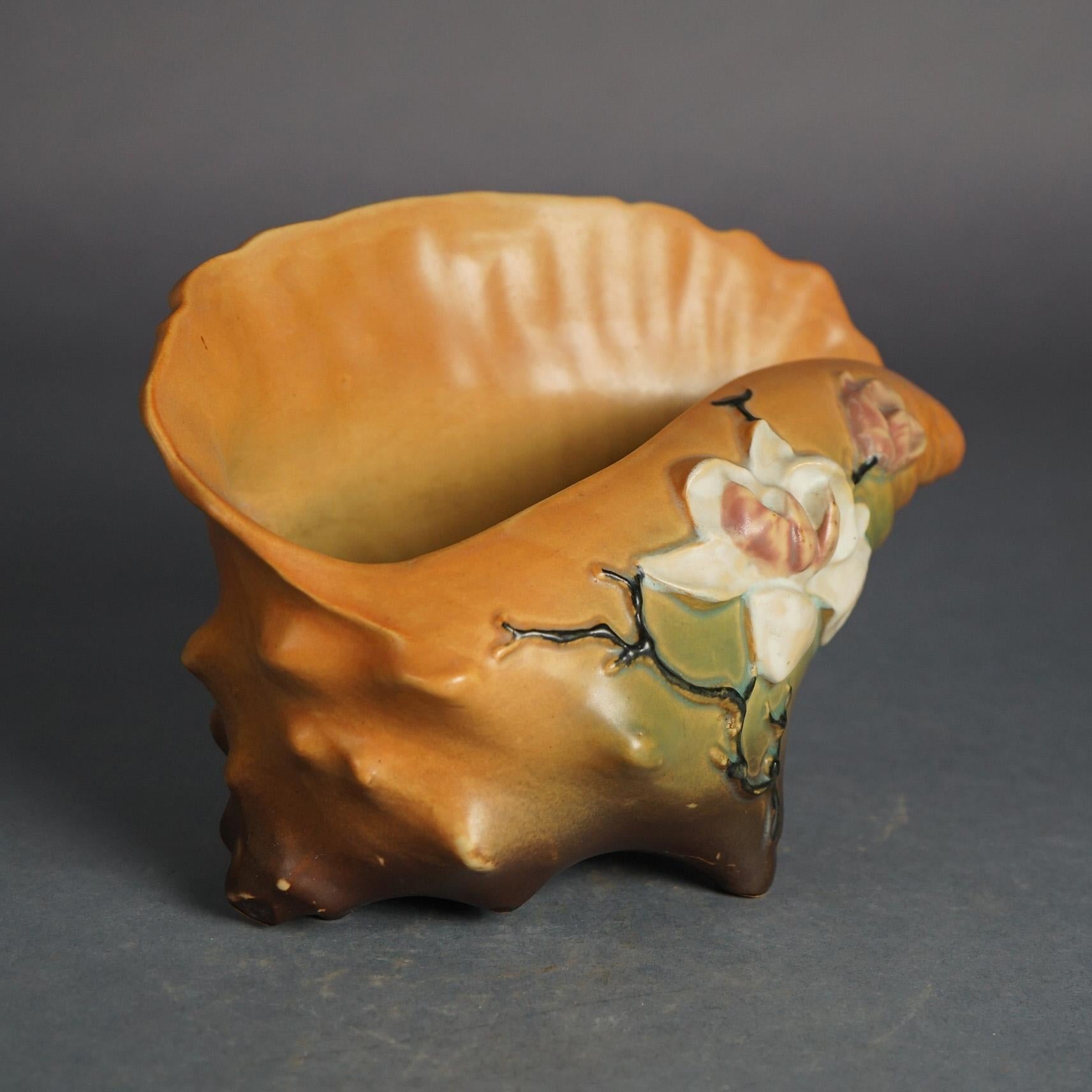 20th Century Roseville Art Pottery Brown Conch Shell with Magnolia Pattern C1943