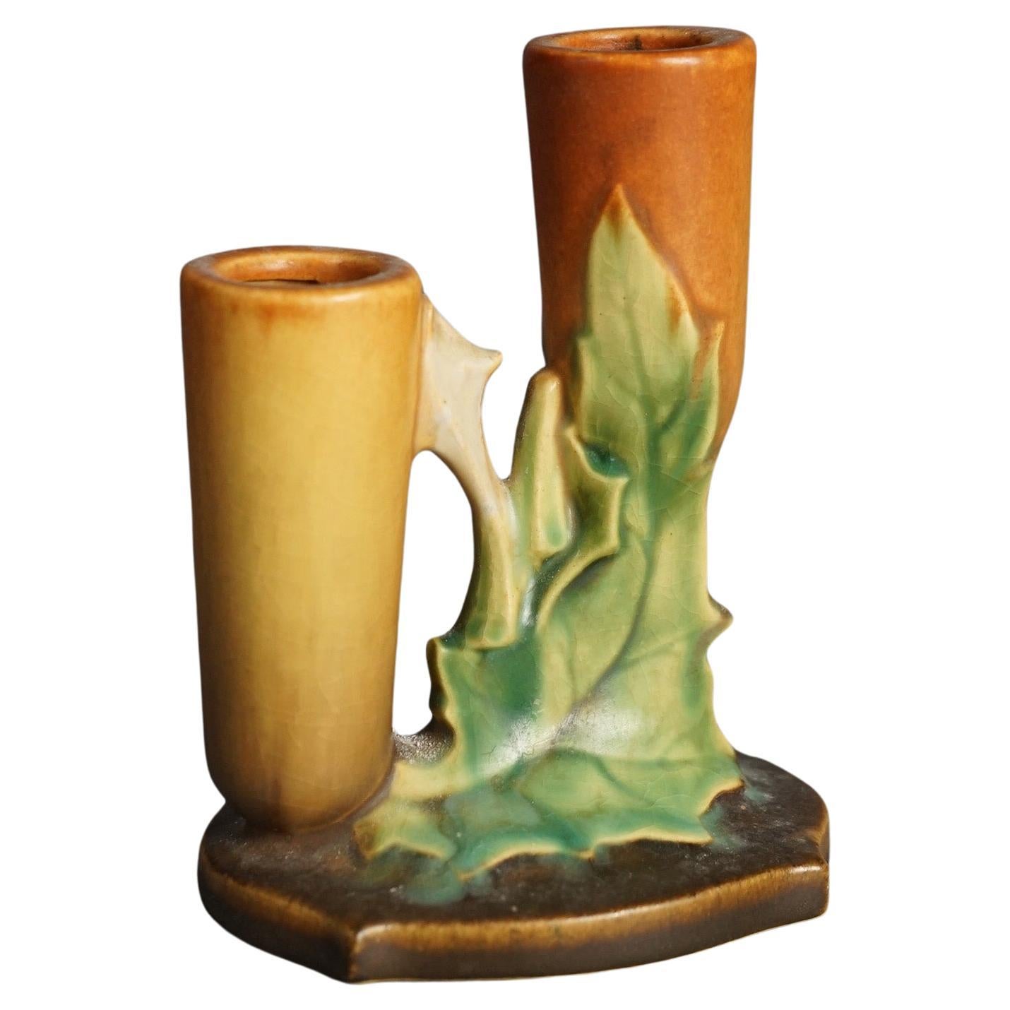 Roseville Art Pottery Brown Double Bud Vase with Thornapple Pattern C1937