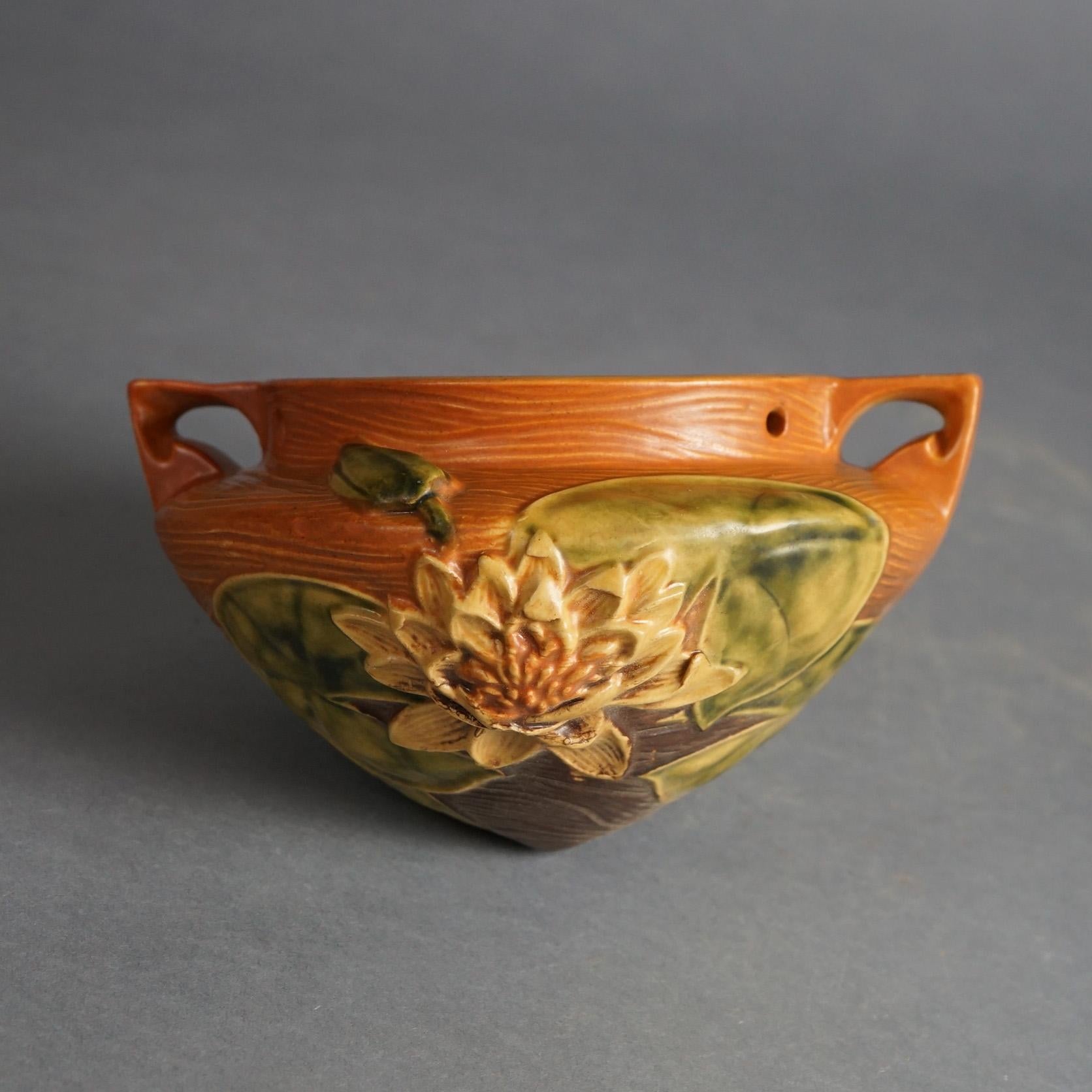 Arts and Crafts Roseville Art Pottery Brown Hanging Planter, Water Lily in Brown, C1943