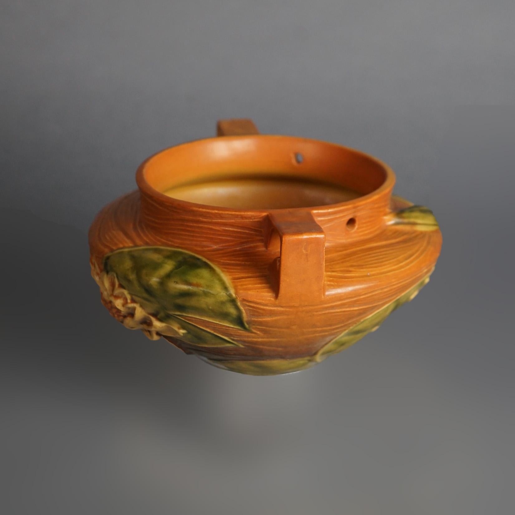Roseville Art Pottery Brown Hanging Planter, Water Lily in Brown, C1943 In Good Condition In Big Flats, NY