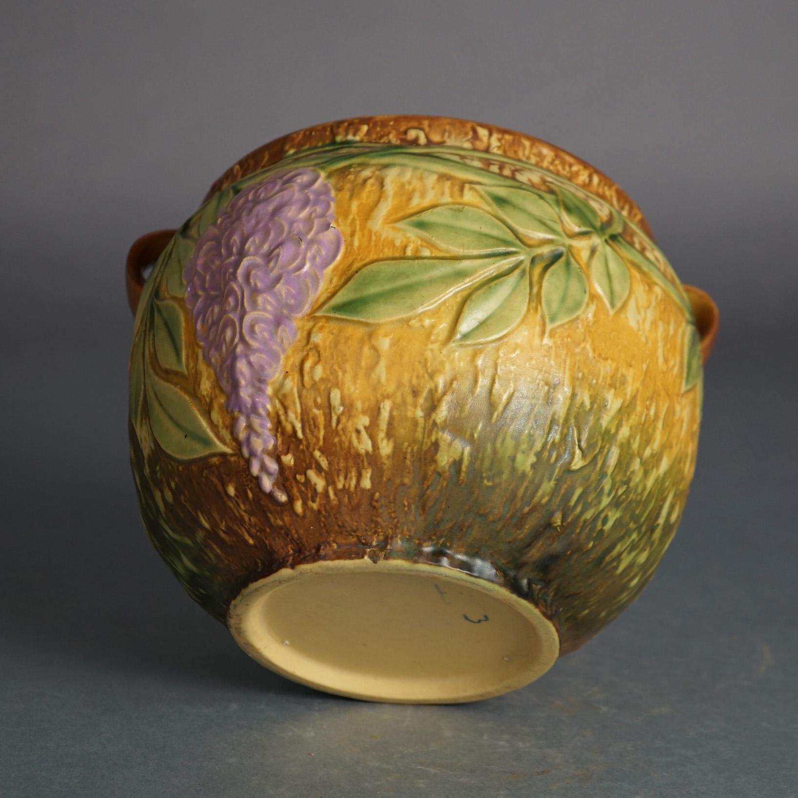 Roseville Art Pottery Brown Jardiniere With Wisteria Pattern C1933 In Good Condition In Big Flats, NY