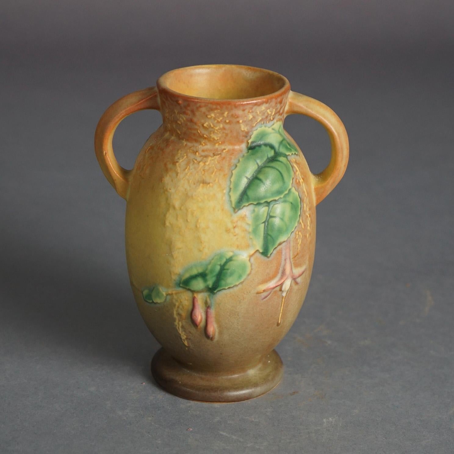 Arts and Crafts Roseville Art Pottery Brown Vase With Fuchsia Pattern C1939