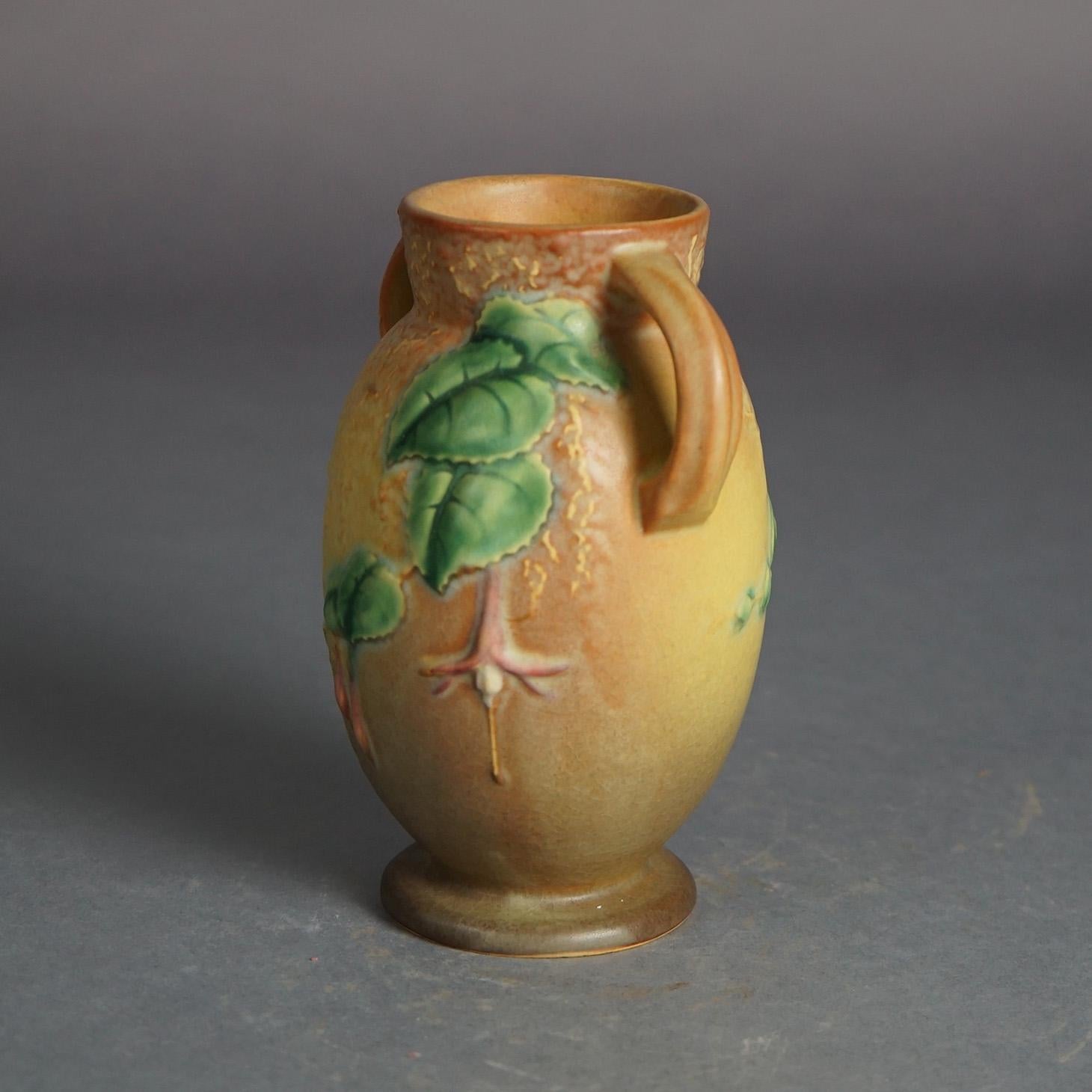 American Roseville Art Pottery Brown Vase With Fuchsia Pattern C1939