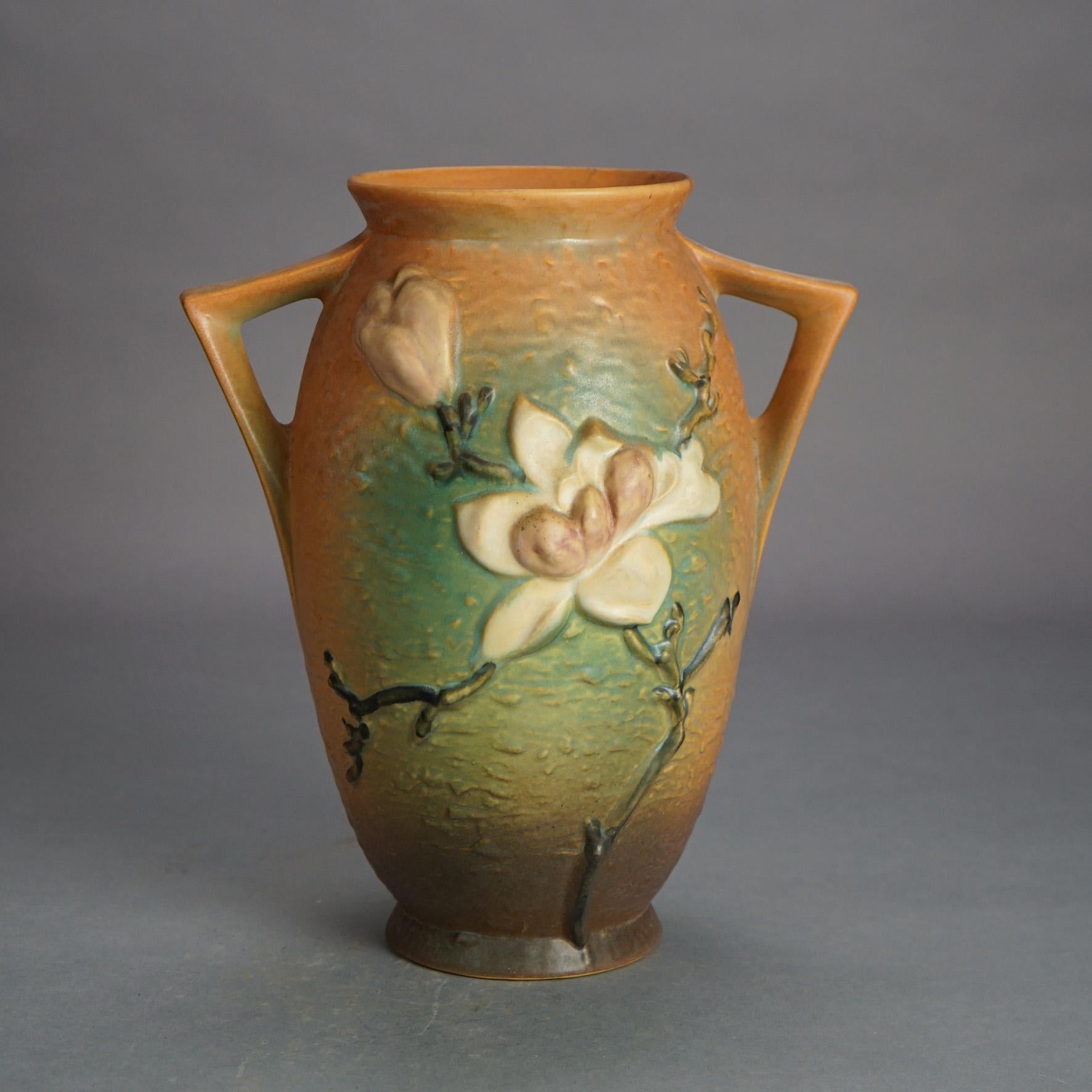 Roseville Art Pottery Brown Vase with Magnolia Pattern Mid 20thC In Good Condition In Big Flats, NY