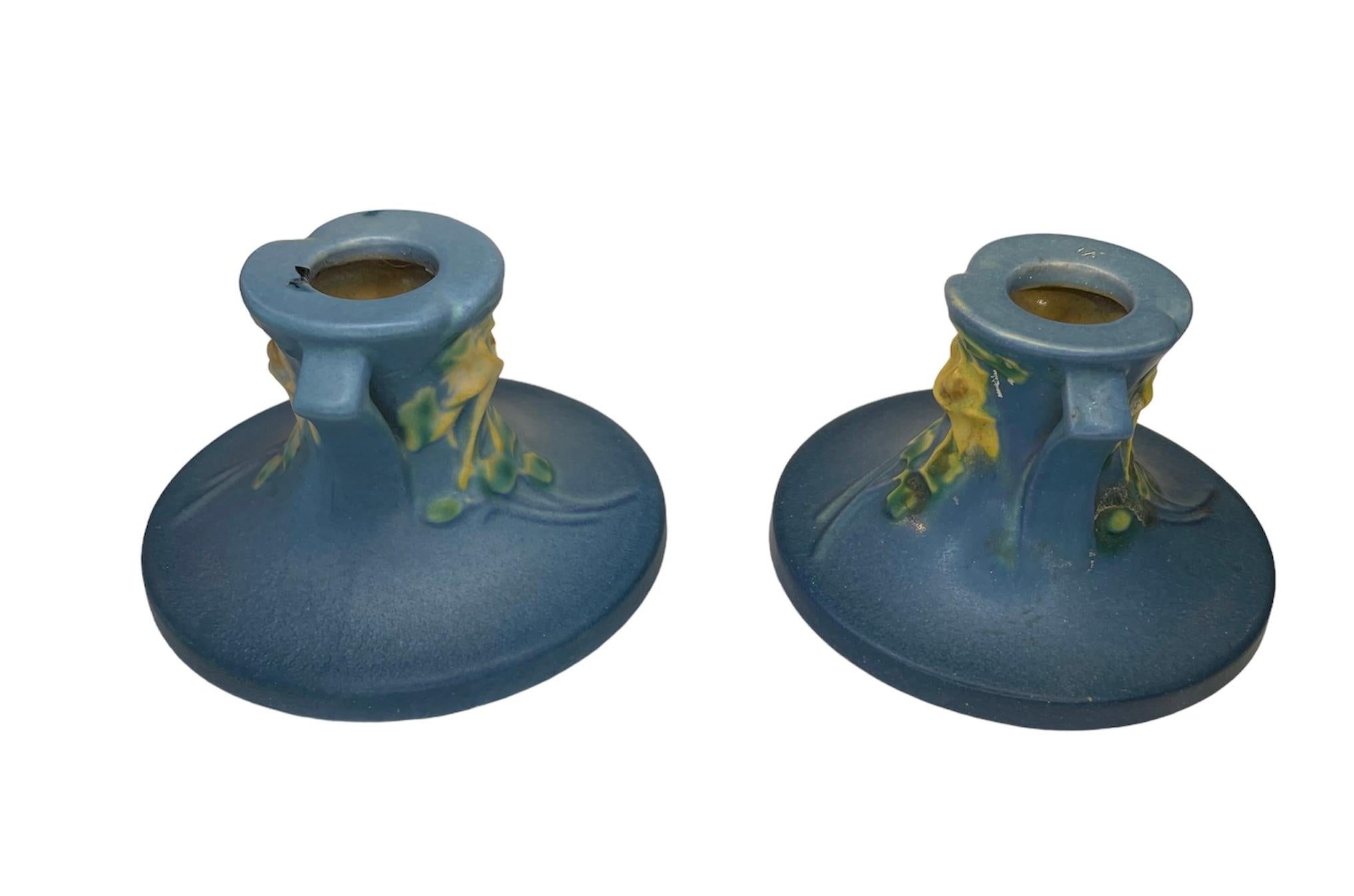 Clay Roseville Art Pottery Columbine Pattern Pair Of Candleholders