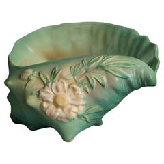 Retro Roseville Art Pottery Conch Shell, Peony in Green,  C1942